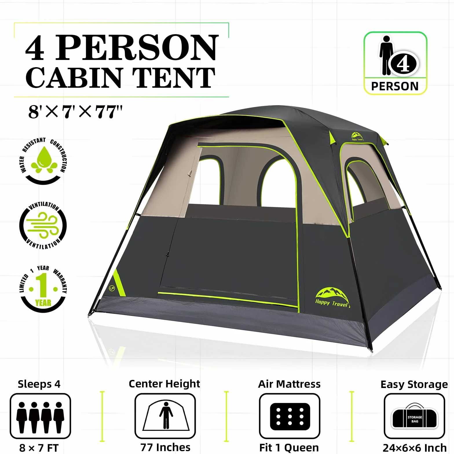 Tent 4 Person Tents for Camping, Tall Cabin Tent with Rainfly | Waterproof Portable Easy Setup Camping Tent with 4 Mesh Windows and Carry Bag for Outdoor Camping & Hiking