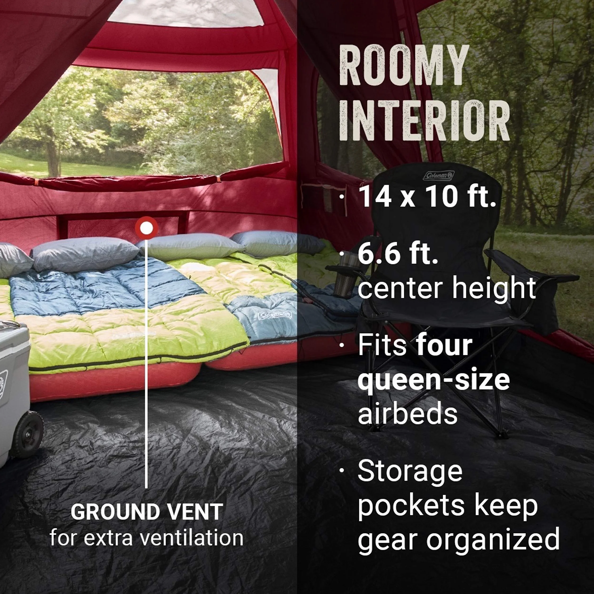 Skylodge Family Tent, Weatherproof XL Tent with Rainfly & Room Divider, Fits 4 Queen-Sized Airbeds, Made of PFAS-Free Materials