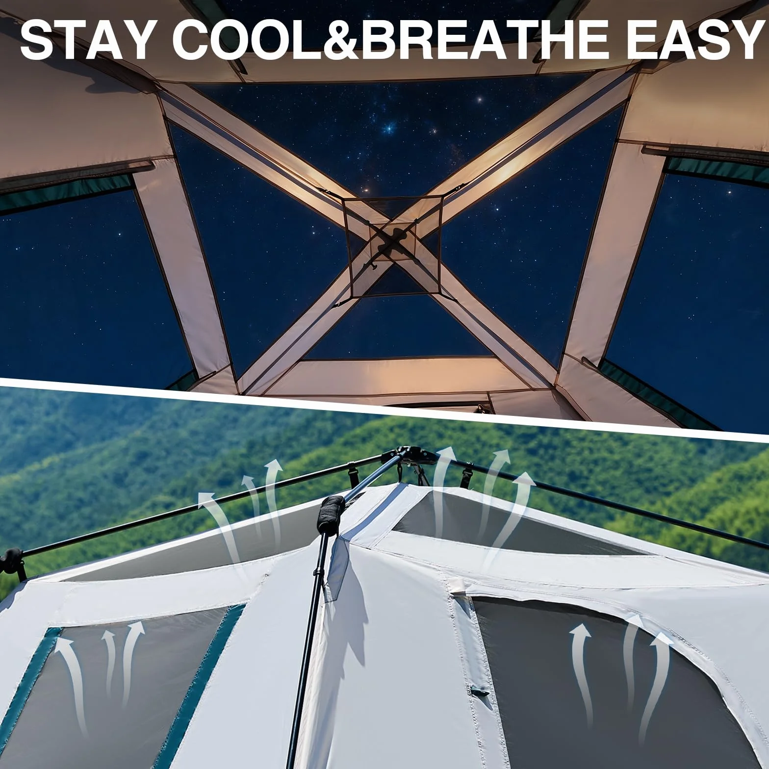 Instant 6 Person Tent for Camping with Rainfly, Under 60s Setup, 10 x 9ft | Fits 2 Queen Air Mattresses, 1200mm Waterproof, 360° Ventilation, PFAS-Free Fabric and Carry Bag for Family, Camping, Hiking