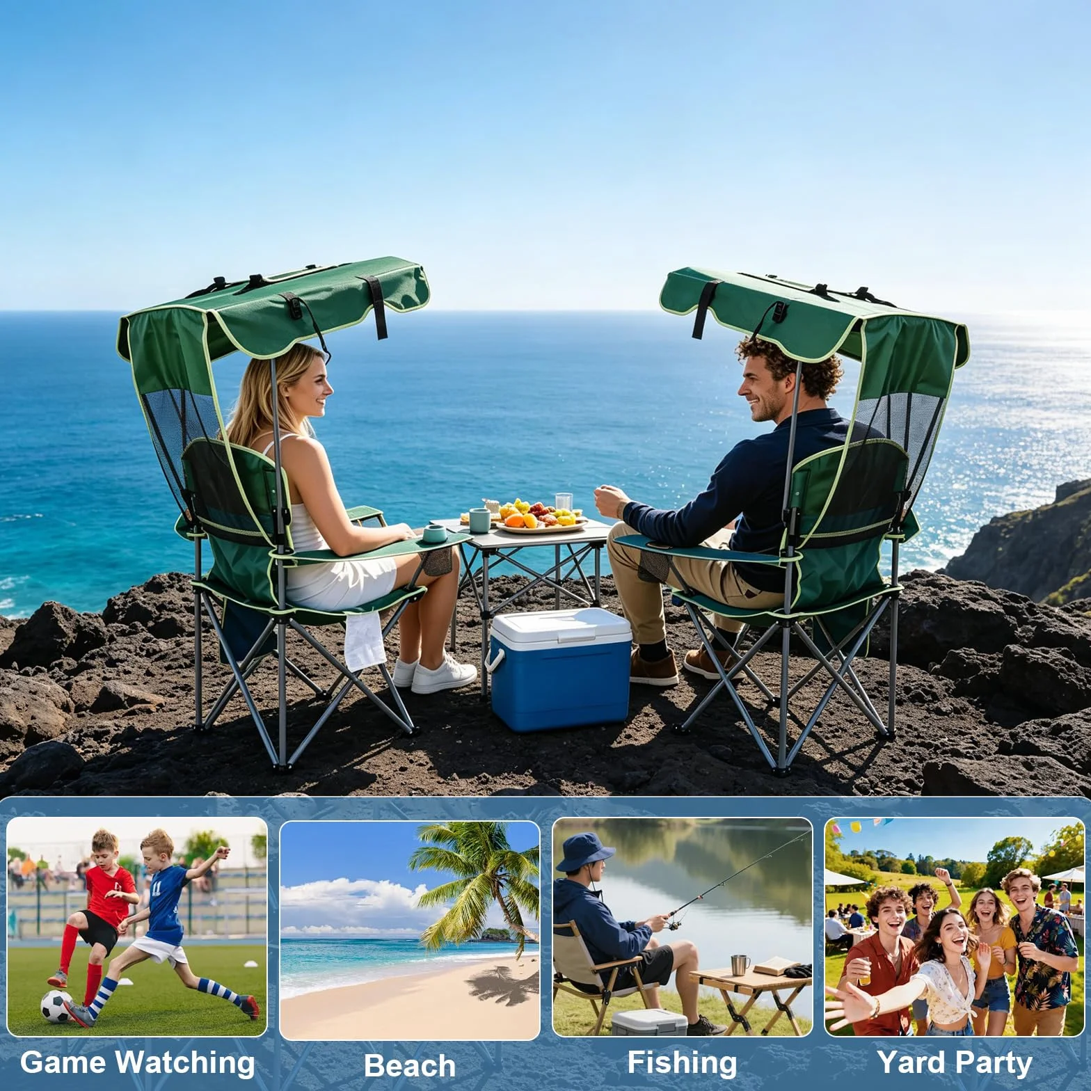2 Pack Canopy Camping Chairs with Shade, Folding Beach Chair with Full Sun Protection, Portable Heavy Duty Outdoor Chair for Camping, Beach, Sports, Fishing, Lawn, Supports 400 lbs,Green