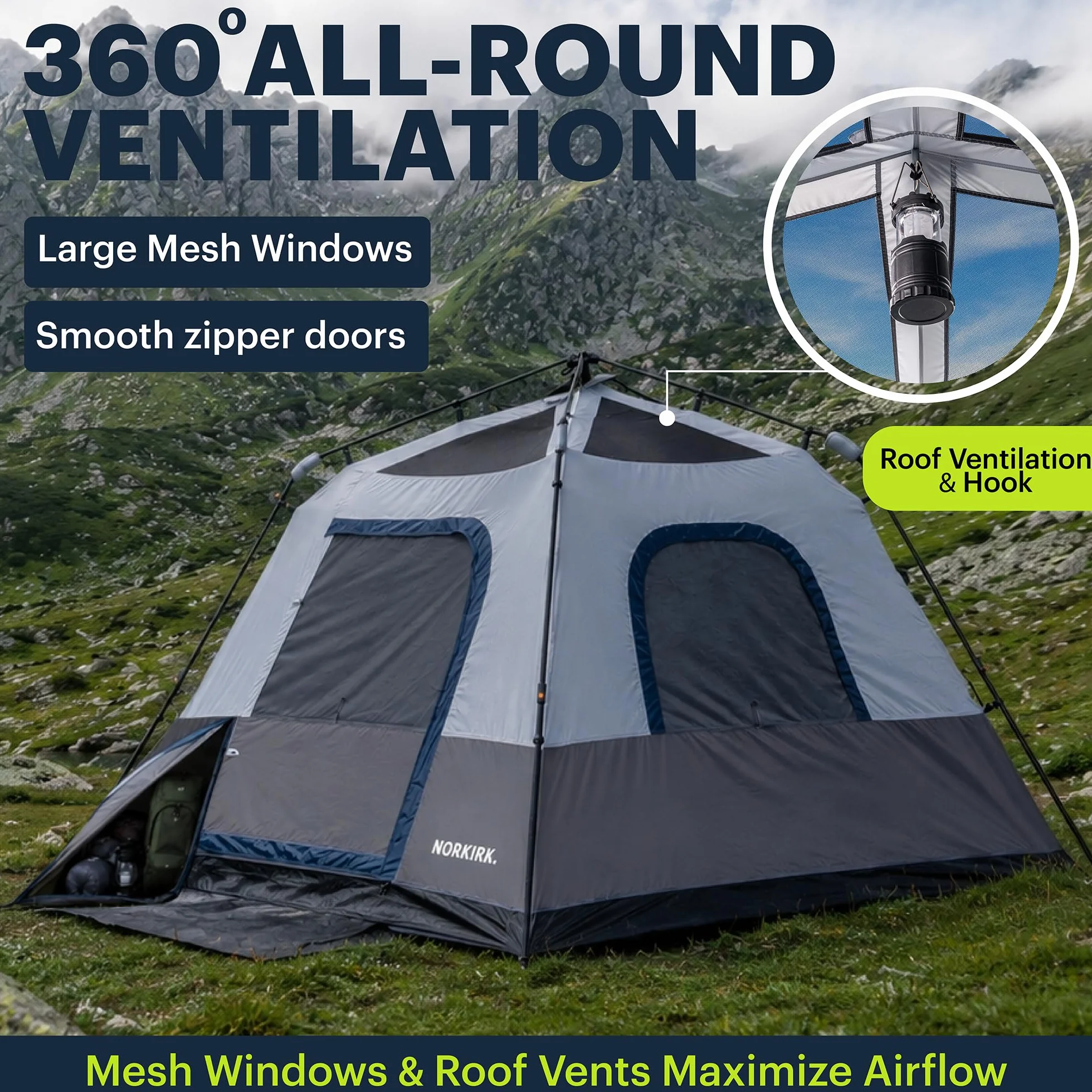 Instant 4-Person Camping Tent — Quick Pop-Up Outdoor Shelter with Waterproof Rainfly, Ventilated Mesh Windows, Zippered Doors & Carry Bag for Hiking, Backpacking, Beach
