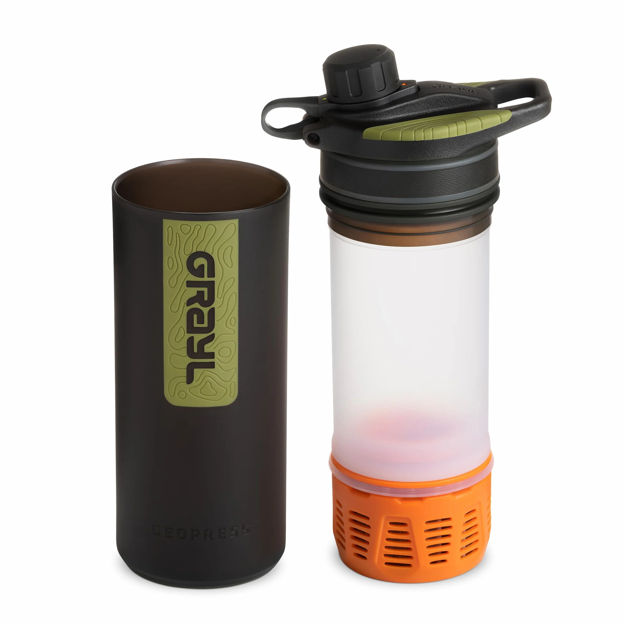 GeoPress 24 oz Water Purifier & Water Filter Bottle, Black Camo | Purifies & Filters Water in 8 Seconds for Hiking, Backpacking, Camping, Survival & Travel, Removes Viruses & Bacteria