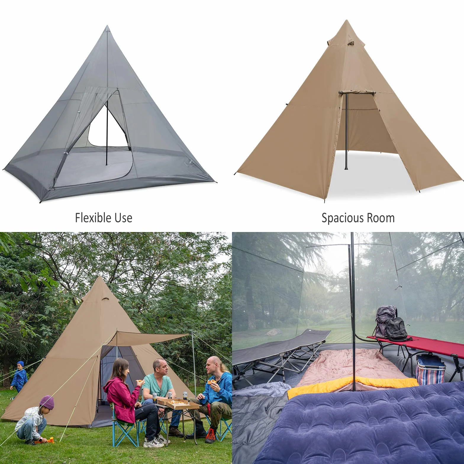 Family Camping Tent Large Waterproof Tipi Tents 8 Person Room Teepee Tent Instant Setup Double Layer