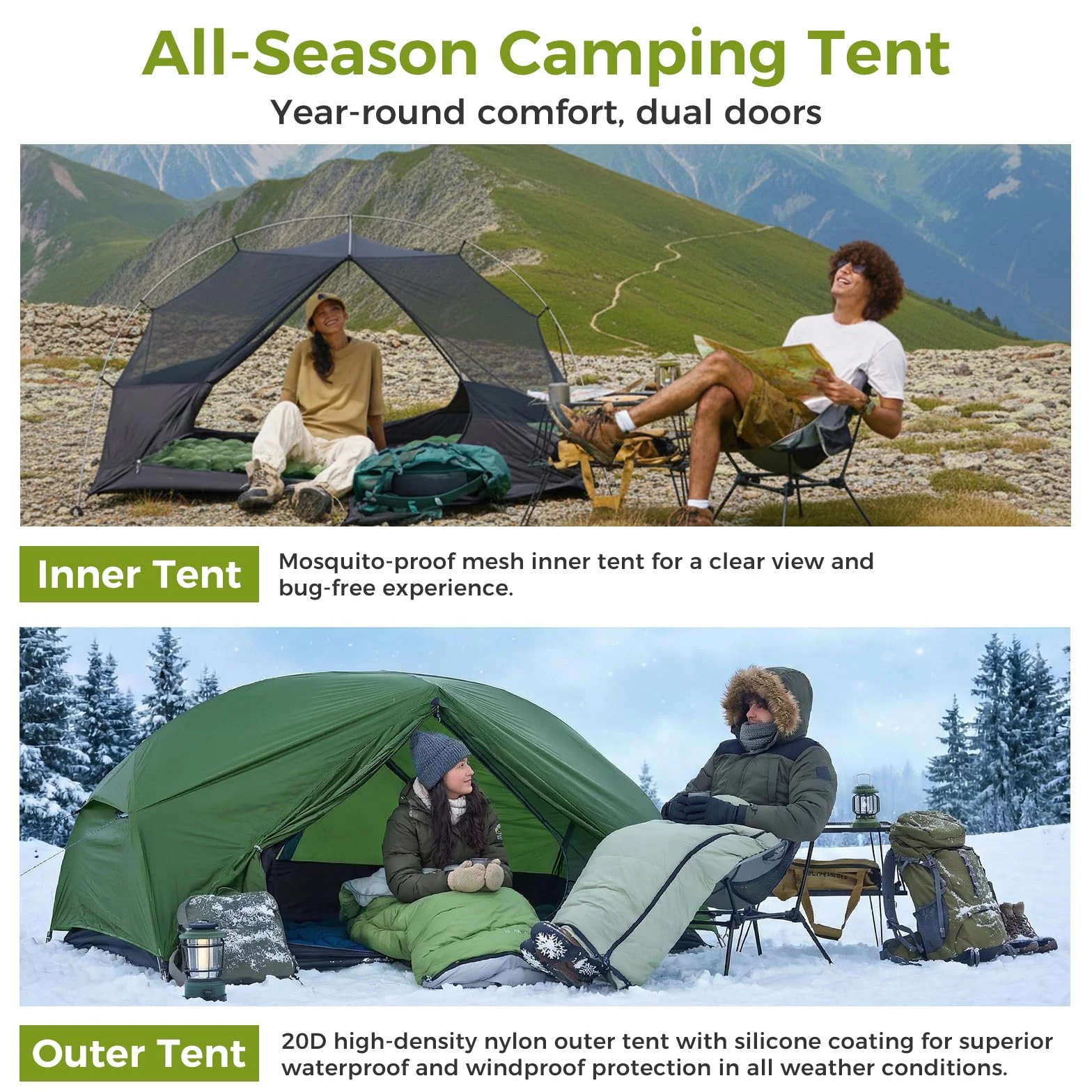 Voyage 1-2 Backpacking Tent, Ultralight 20D SilNylon 4 Season Camping Tent, 4000mm Waterproof Freestanding Tent with Expandable Vestibule for Hiking, Bikepacking & Mountaineering