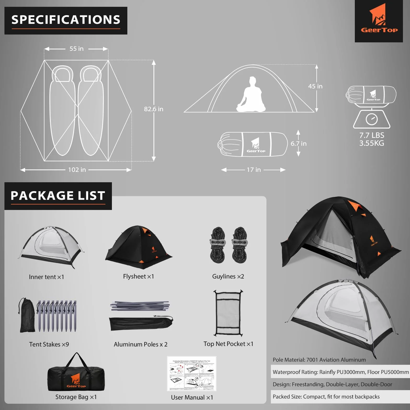 2 Person Blackout Camping Tent, Waterproof 4-Season Easy Setup | Blackout Interior, Lightweight, Snow Skirt, Freestanding Aluminum Poles, Double-Wall, Hiking, Mountaine游戏副本, Weekend Trips