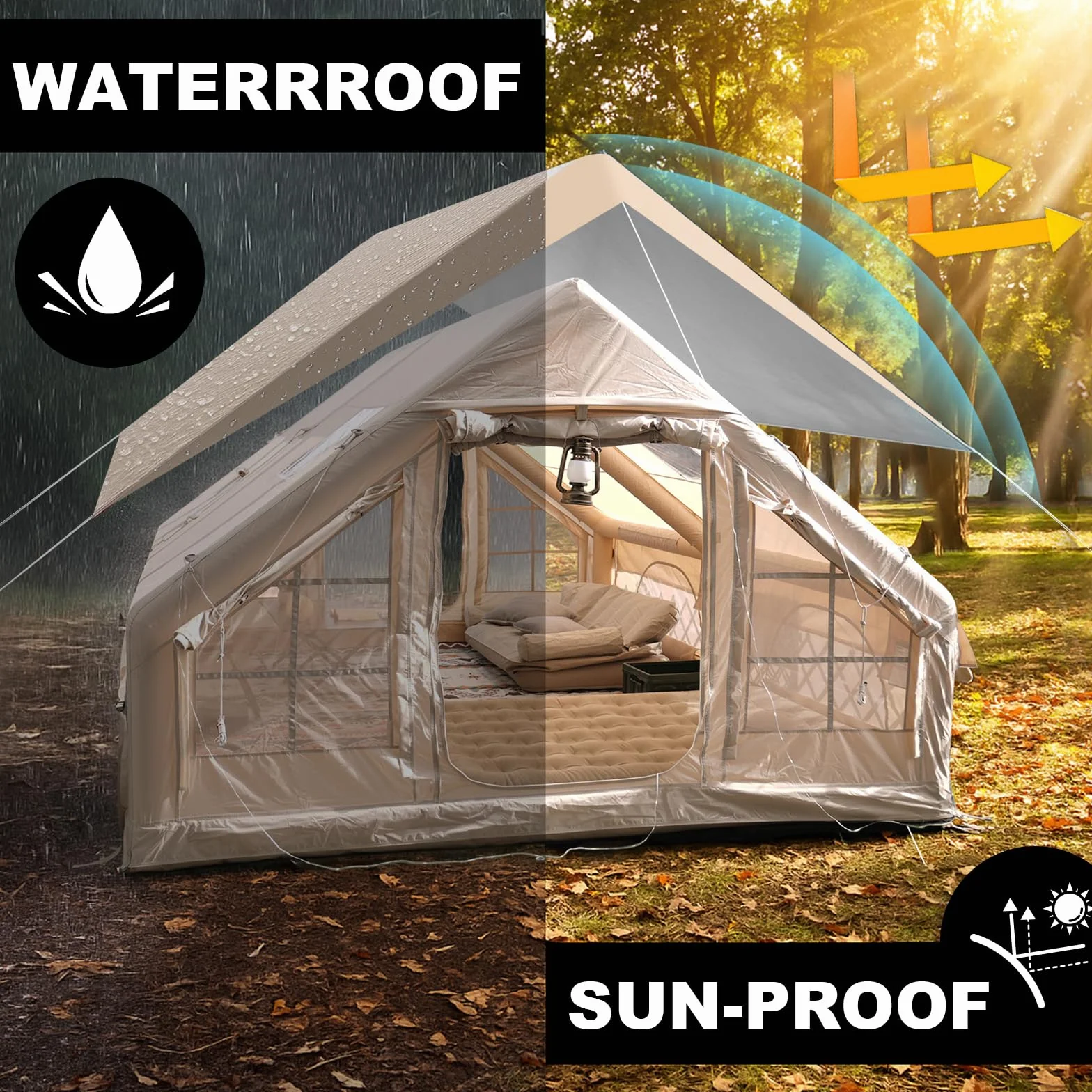 13' x 10' Large Inflatable Tent for Camping 8-10 Person, 4 Season Blow Up Tents with Rainfly, Waterproof & Sunproof, Inflatable Hot Tent with Stove Jack for Camping Outdoors