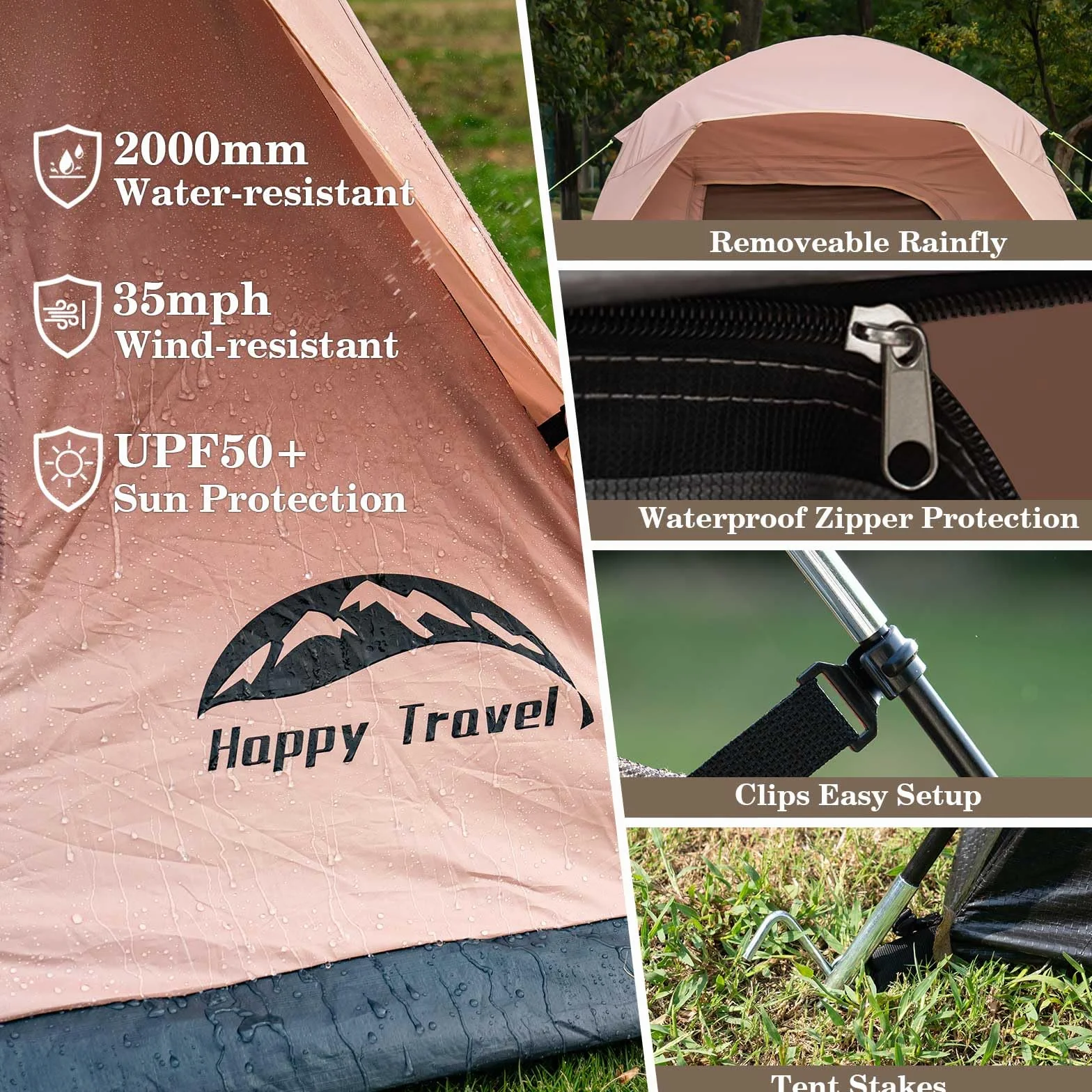 Camping Tent, 4 Person Dome Tents for Camping with Rainfly | Waterproof Clip Easy Setup Portable Family Tent with Mesh Windows, 20% More Headroom Backpacking Tents for Camping & Hiking