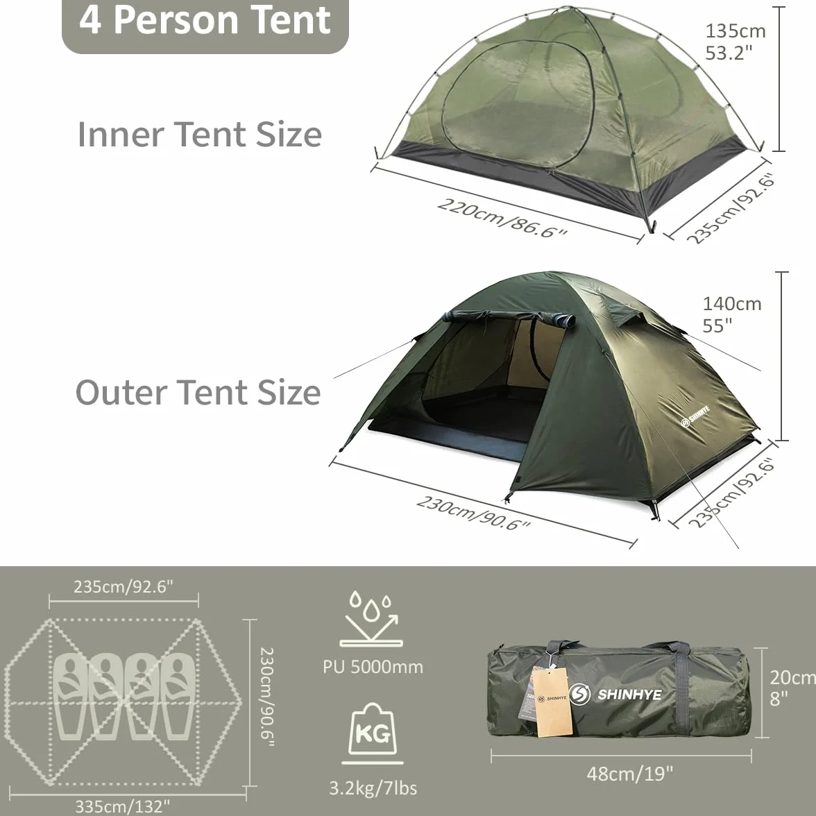 Backpacking Tent 2/3/4 Person - Ultralight Dome Portable Tents for Camping Easy Set Up, Outdoor Hiking Waterproof Camp Instant Tent Two Doors Double Layer