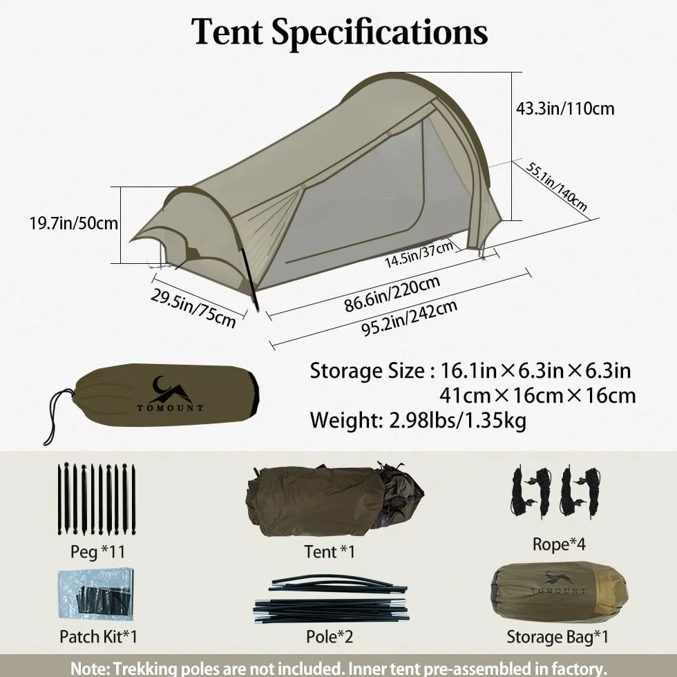 15D Nylon Ultralight Bivy Tent, Waterproof 1 Person Camping Tent, Single Man Backpacking Tent for Survival Bicycle Motorcycle Hiking