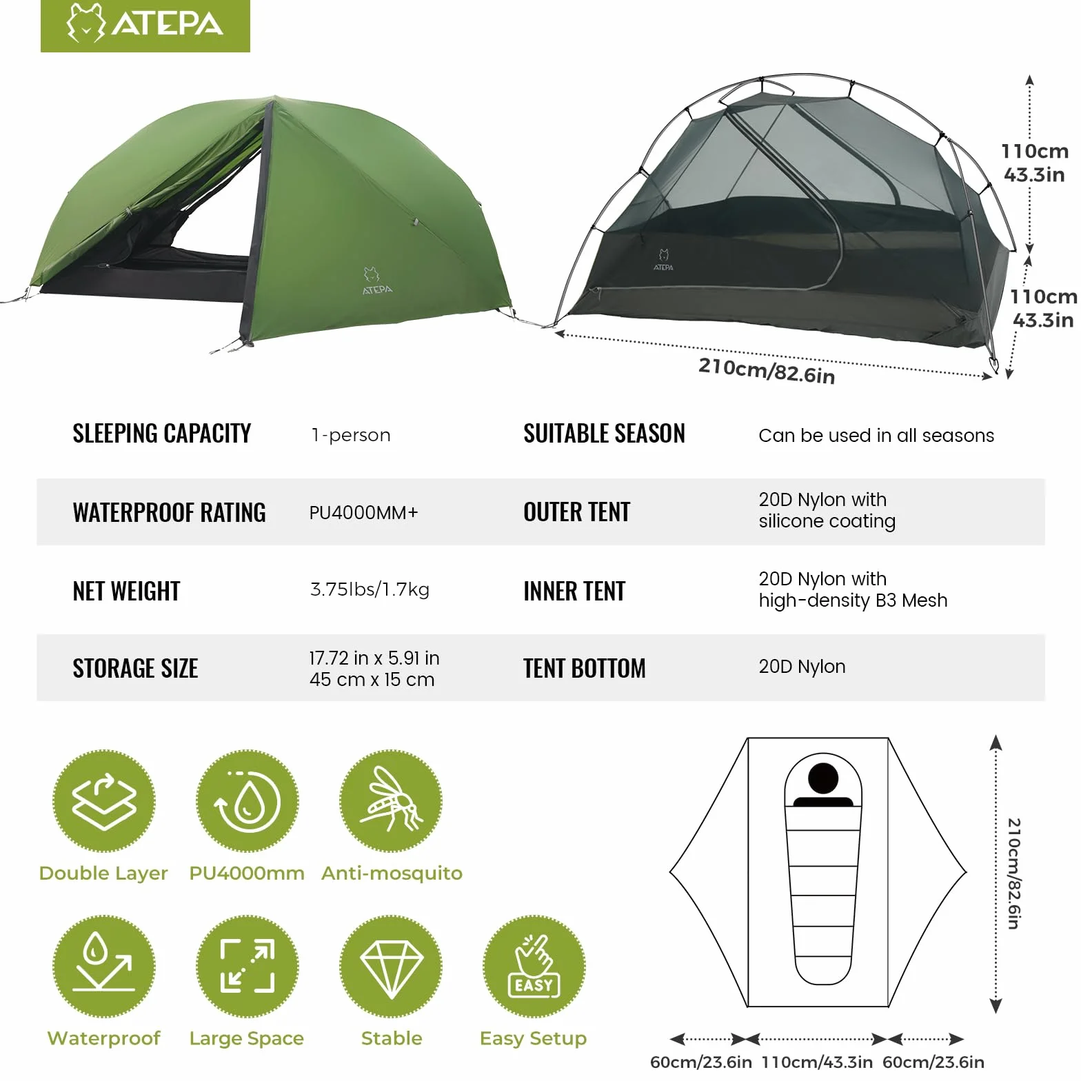 Voyage 1-2 Backpacking Tent, Ultralight 20D SilNylon 4 Season Camping Tent, 4000mm Waterproof Freestanding Tent with Expandable Vestibule for Hiking, Bikepacking & Mountaineering