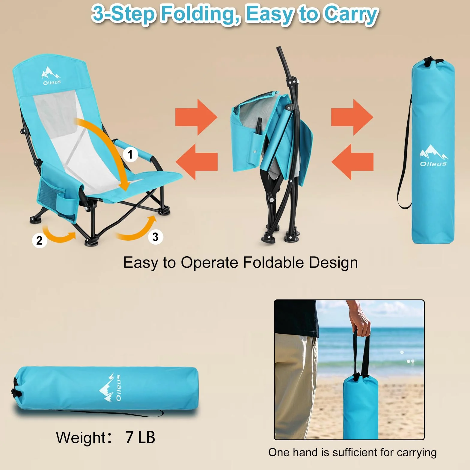 Folding Portable Beach Chair, High-Back Low-Seat Lightweight Chair for Beach Tents, Shelters, and Camping, Full Mesh Backrest | Cup Holder | Storage Bag | Carrying Bag | 2 Armrests