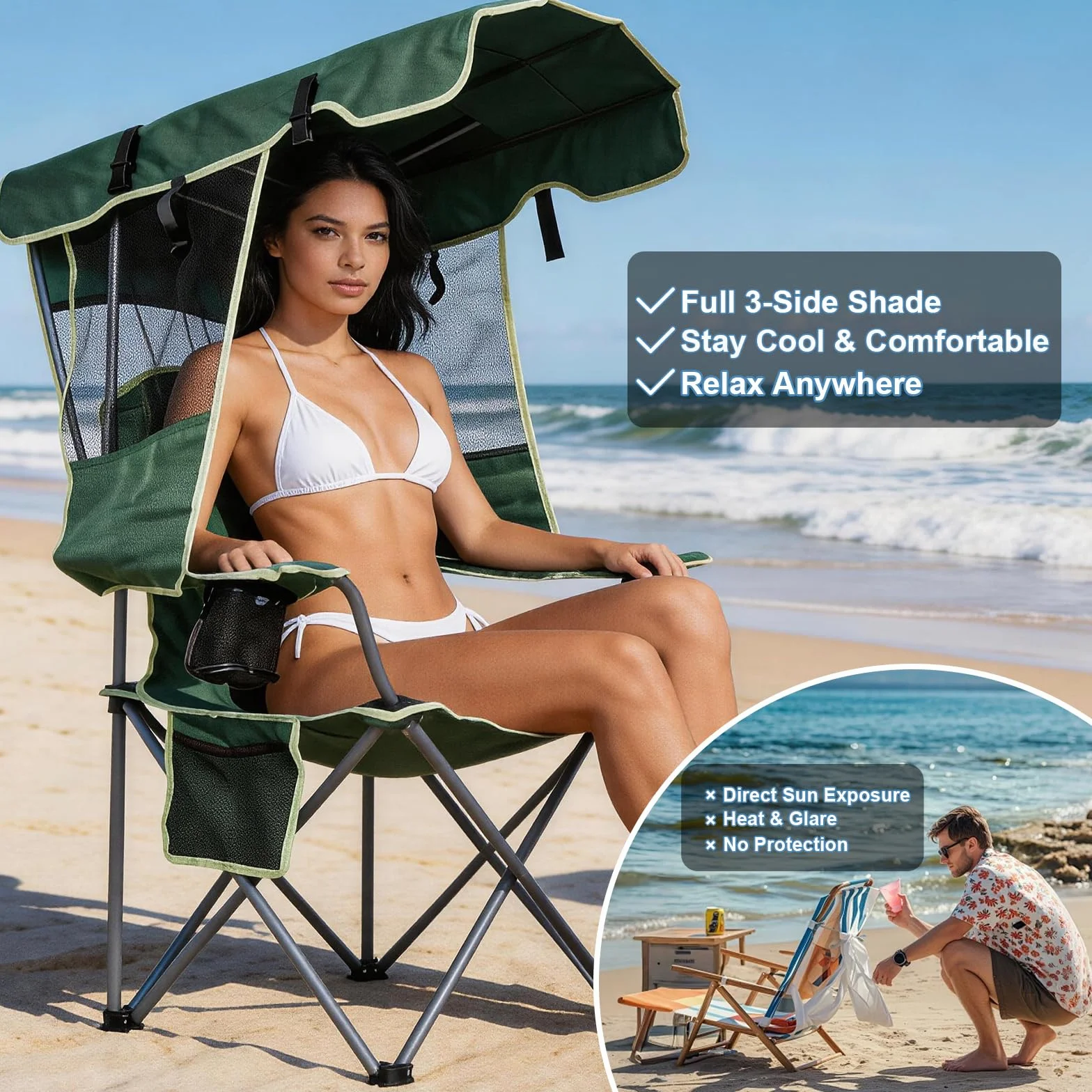 2 Pack Canopy Camping Chairs with Shade, Folding Beach Chair with Full Sun Protection, Portable Heavy Duty Outdoor Chair for Camping, Beach, Sports, Fishing, Lawn, Supports 400 lbs,Green