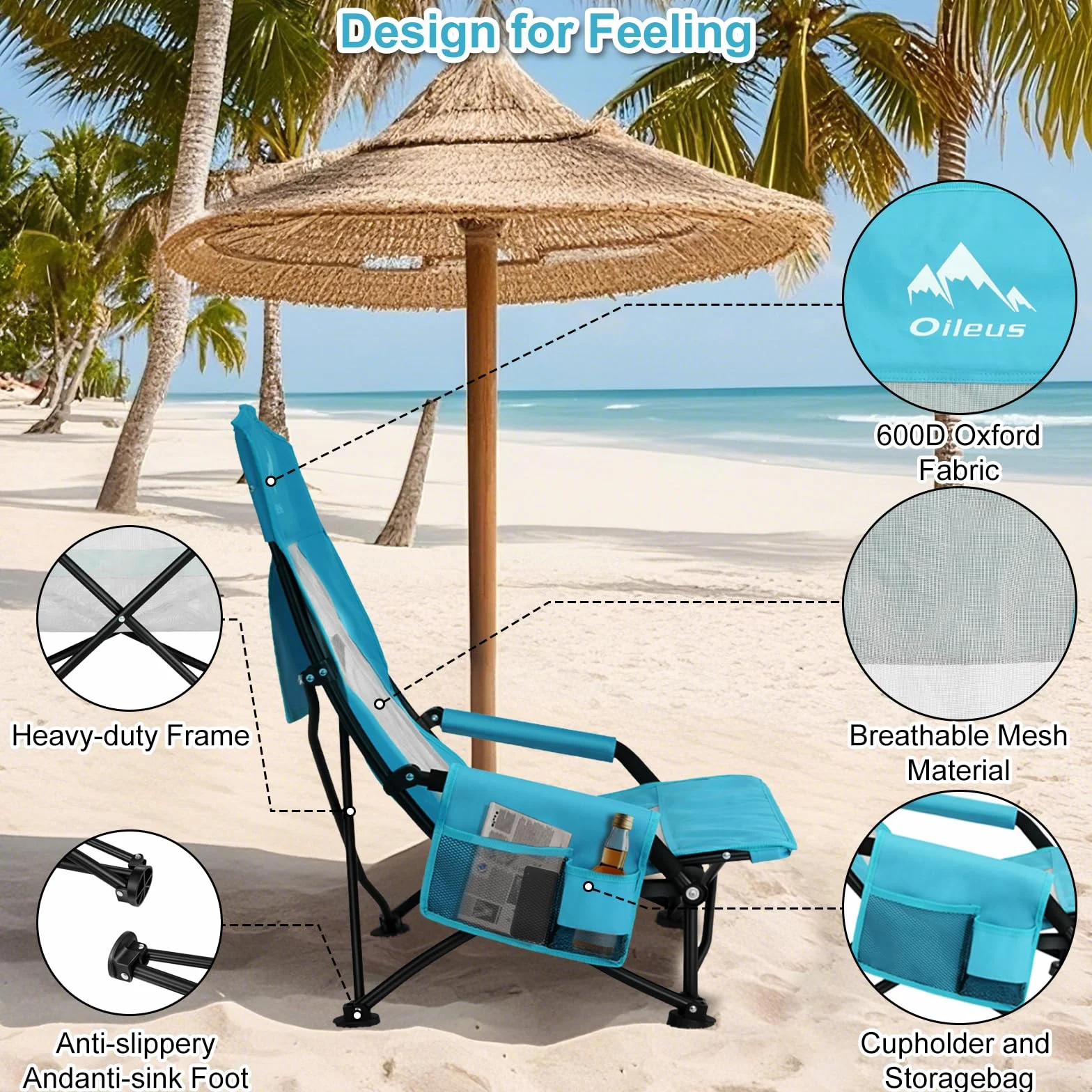 Folding Portable Beach Chair, High-Back Low-Seat Lightweight Chair for Beach Tents, Shelters, and Camping, Full Mesh Backrest | Cup Holder | Storage Bag | Carrying Bag | 2 Armrests