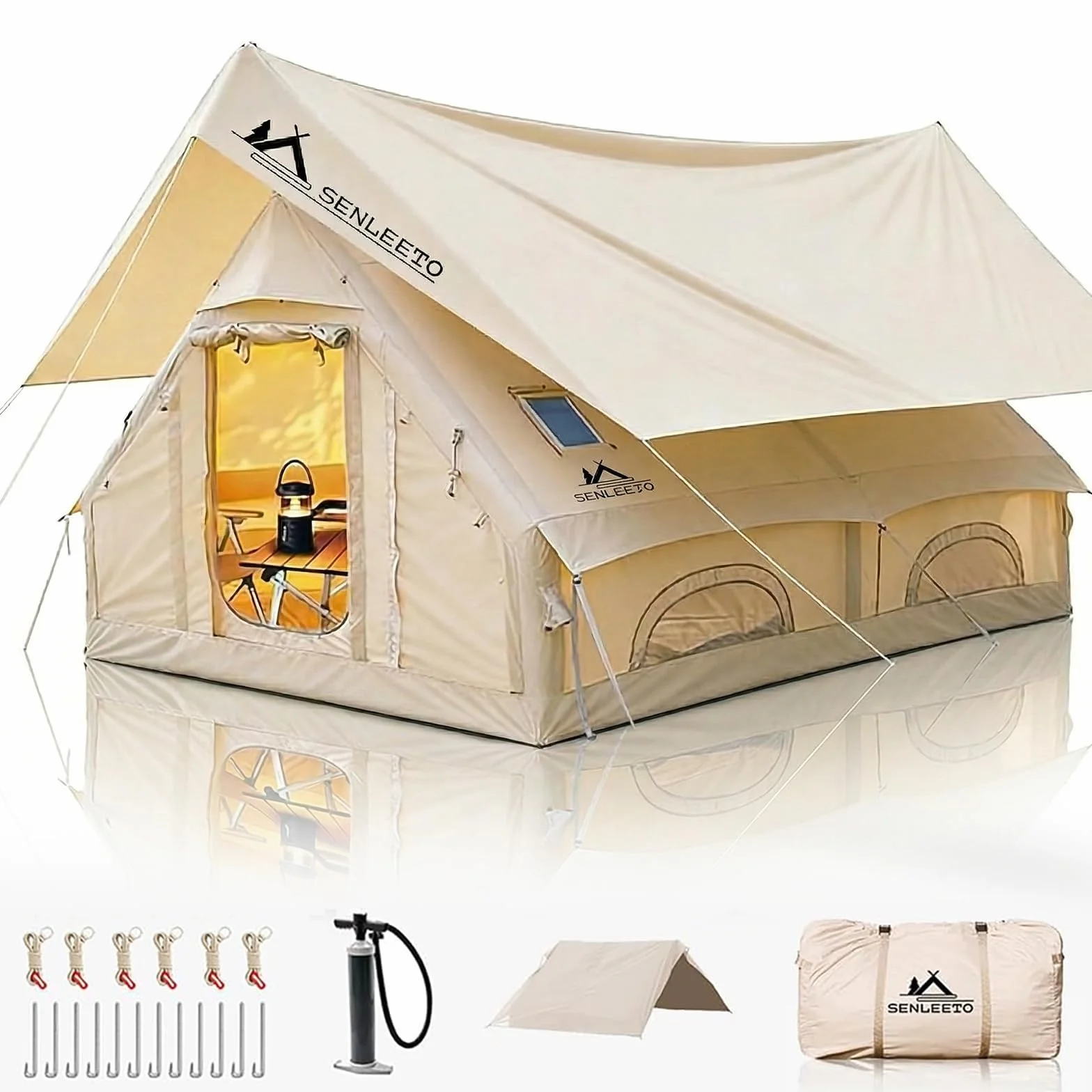 13' x 10' Large Inflatable Tent for Camping 8-10 Person, 4 Season Blow Up Tents with Rainfly, Waterproof & Sunproof, Inflatable Hot Tent with Stove Jack for Camping Outdoors