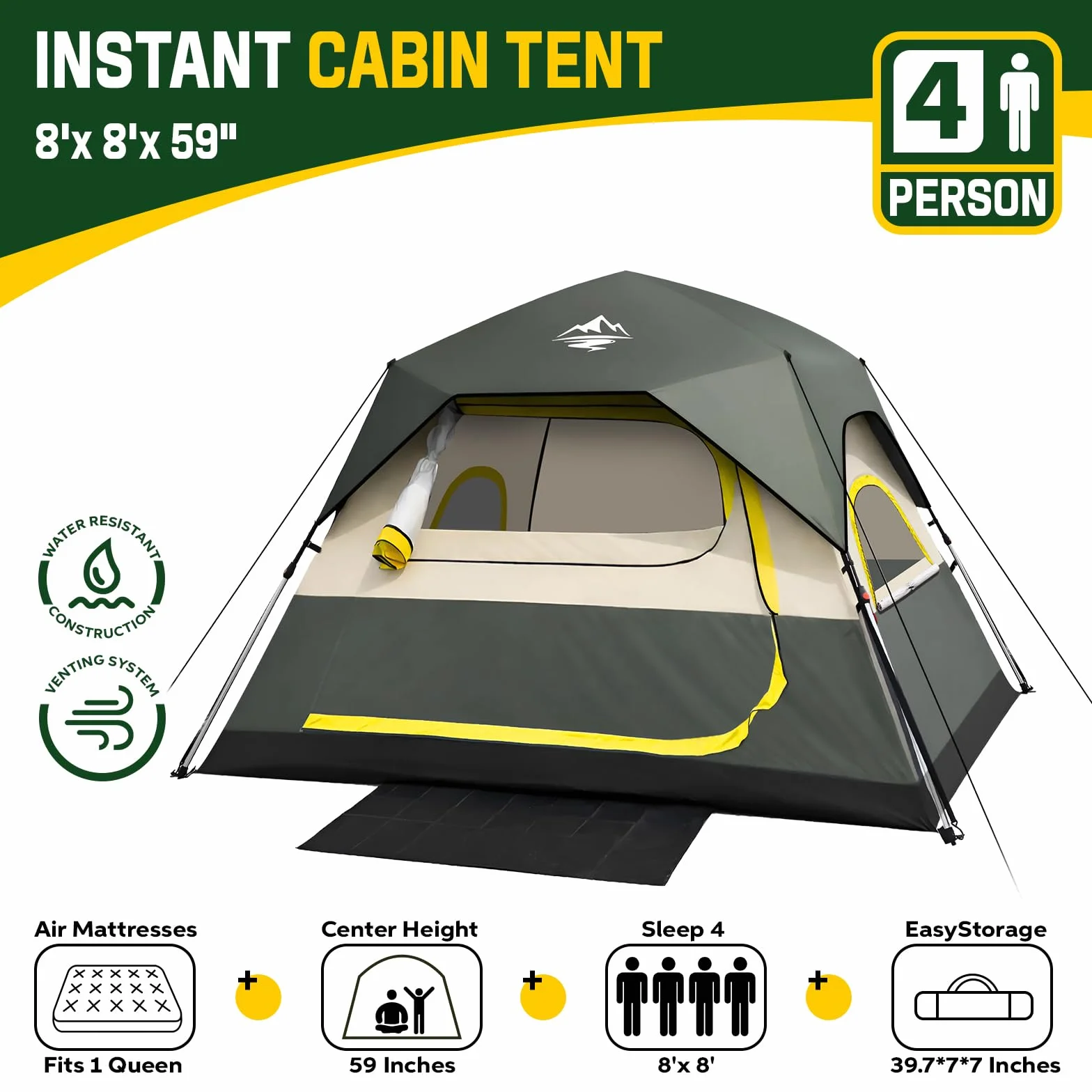 4 Person Instant Tents for Camping Setup in 50s, Cabin Tent with Rainfly | Waterproof Windproof Camping Tent, Double Layer Portable Instant Tents with Carry Bag for Family Outdoor Camping & Hiking