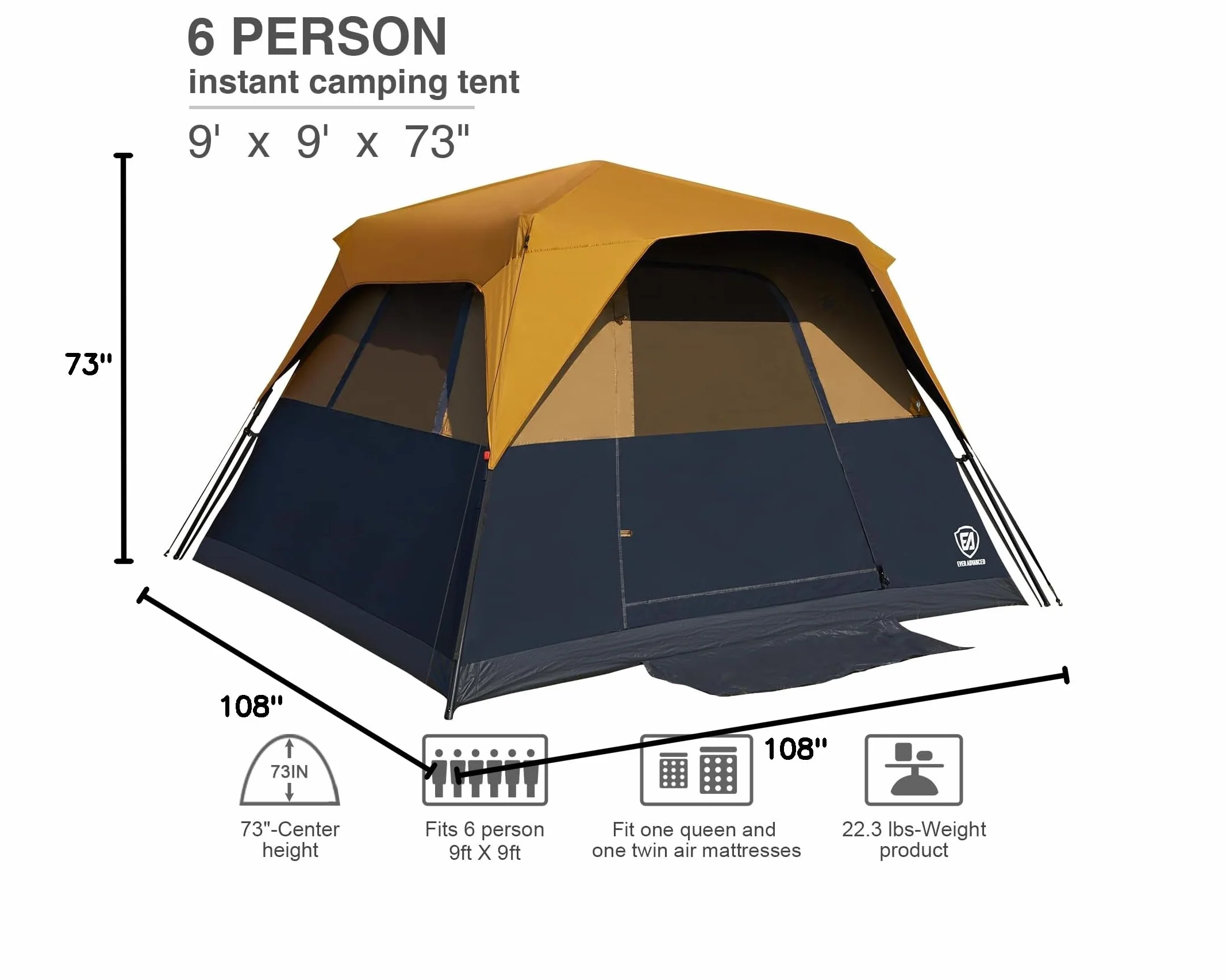 6 Person Camping Tent, Blackout Design Tent for Camping Instant Cabin Tents for Family with Rainfly, 60s Easy Setup, Water-Resistant