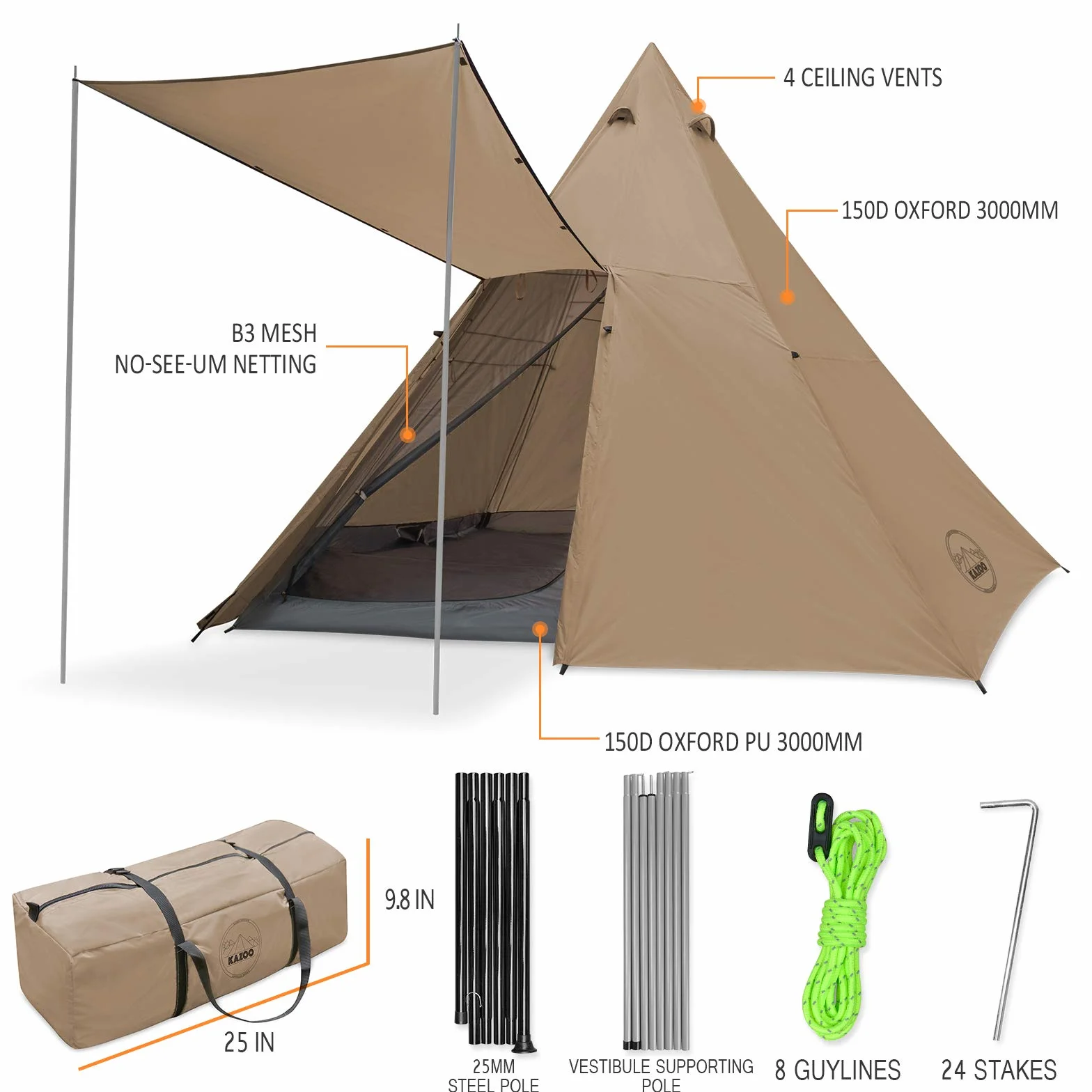 Family Camping Tent Large Waterproof Tipi Tents 8 Person Room Teepee Tent Instant Setup Double Layer