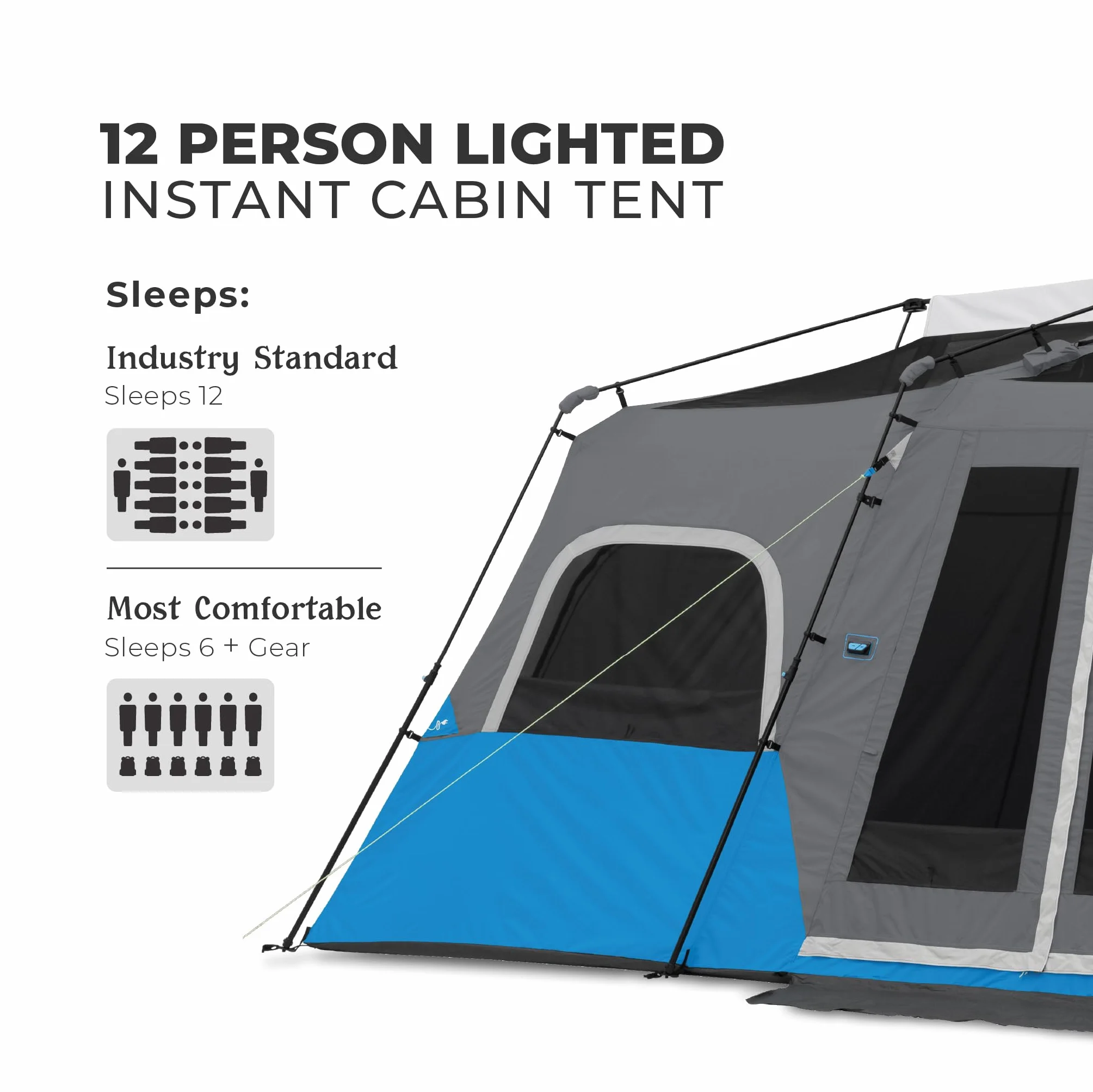 Instant Cabin Tents with LED Lights | Family Multi Room Lighted Pop Up Tents for Camping | Included Storage Pockets for Camping Accessories