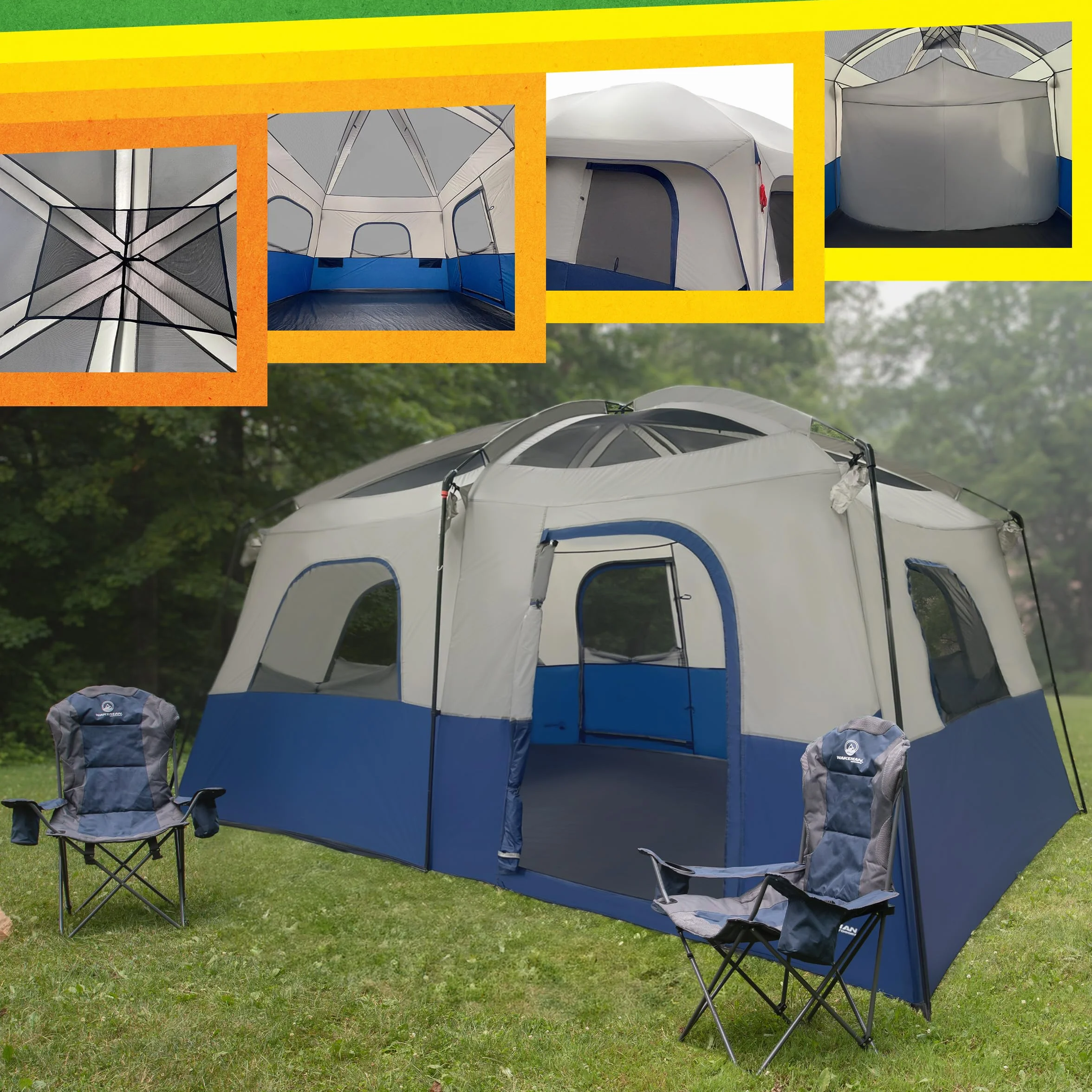 10 Person Camping Tent with Rainfly, Navy | Large Outdoor Tent with Room Divider - Fits 4 Queen Size Mattresses - Family Camping House with 2 Doors and 4 Screen Windows
