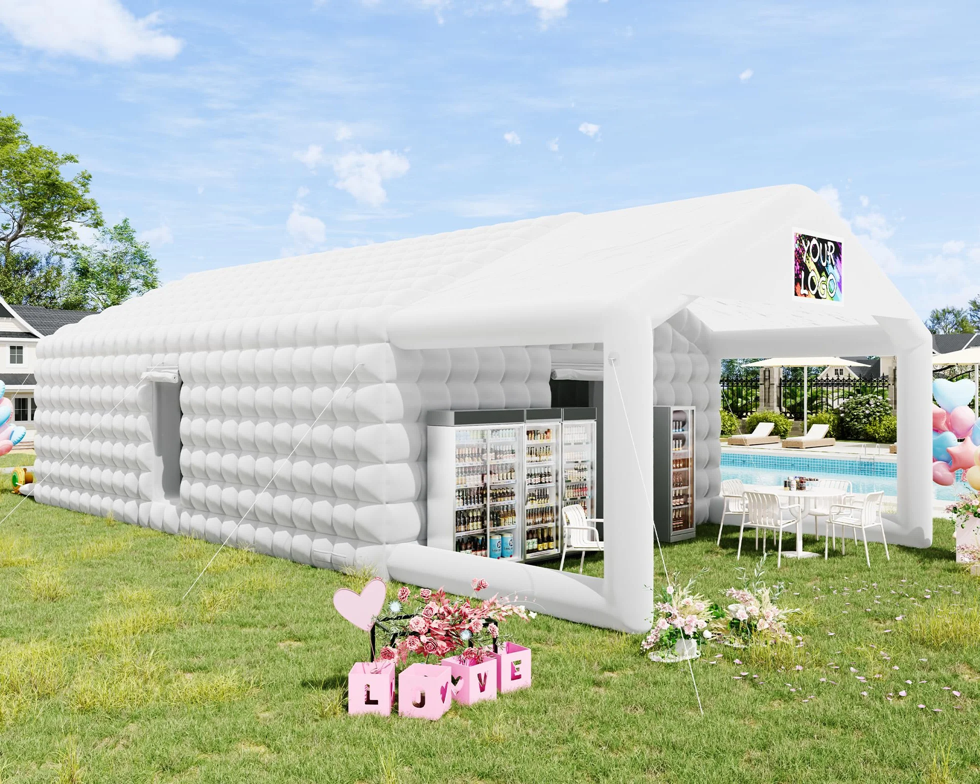 39x20x14 FT Large Inflatable Nightclub Tent for Adults with Pavilion Rest Area, Black Inflatable Night Club Gazebo with 2 Side Doors & Logo Area for Wedding, Birthday, Backyard Events, White