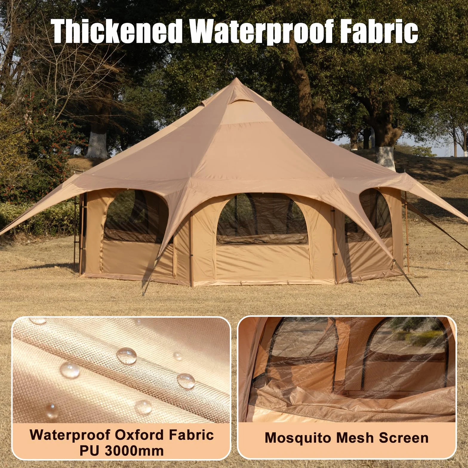 Bell Tent with Stove Jack, 6-10 Person 4 Season Glamping Tent | Spacious for up to 10 people, 8 doors & windows provide 360° airflow, stove jack for cold weather, sturdy windproof frame