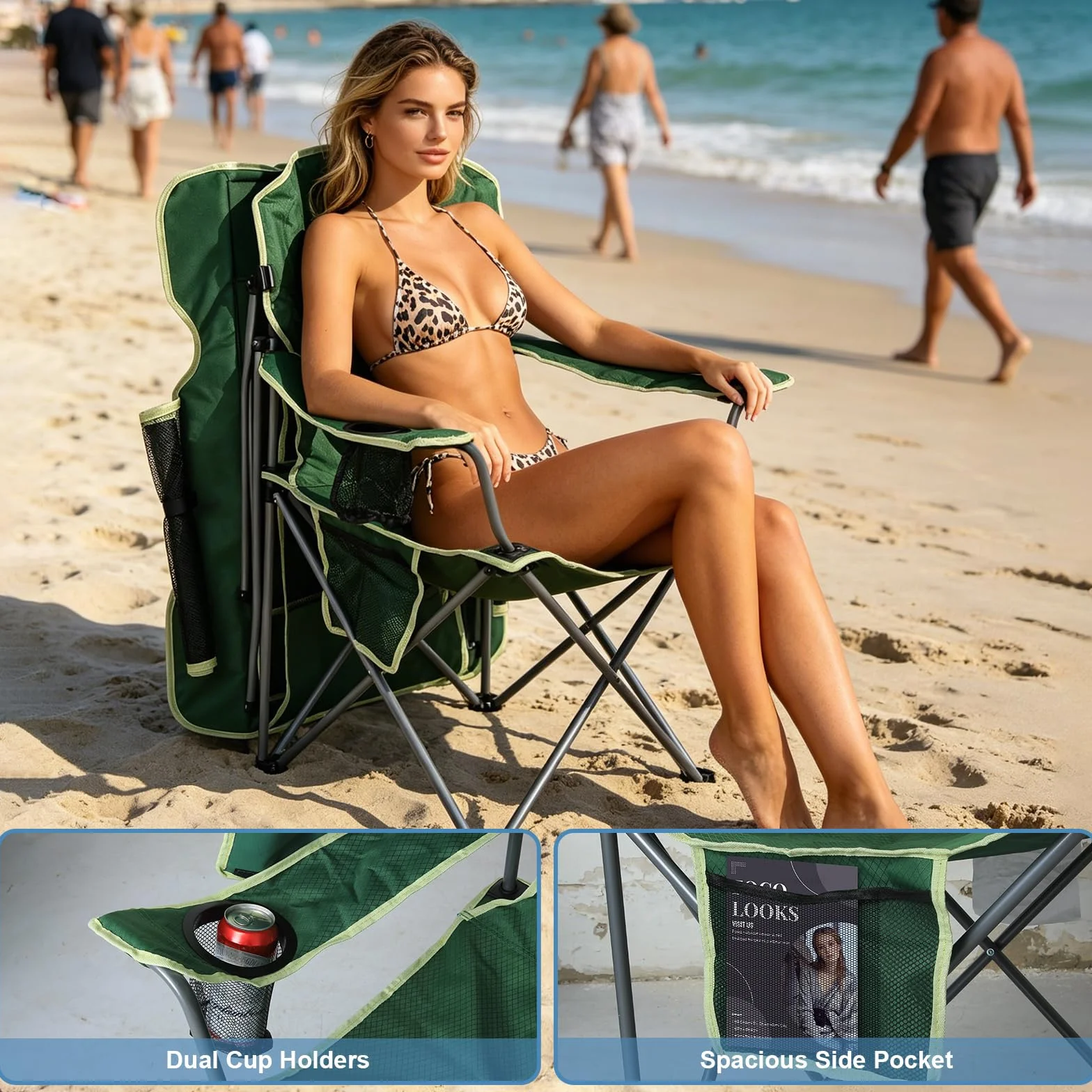 2 Pack Canopy Camping Chairs with Shade, Folding Beach Chair with Full Sun Protection, Portable Heavy Duty Outdoor Chair for Camping, Beach, Sports, Fishing, Lawn, Supports 400 lbs,Green