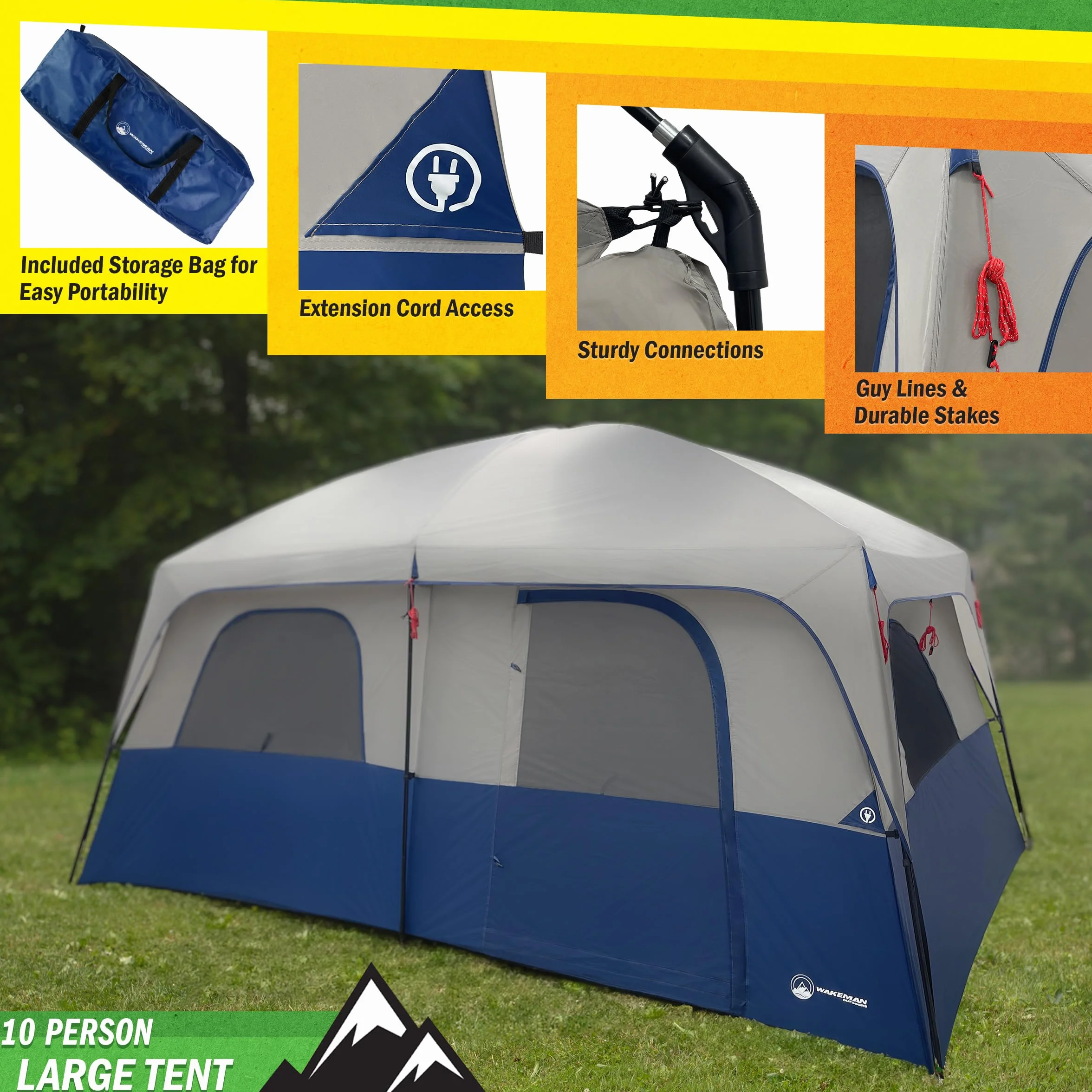 10 Person Camping Tent with Rainfly, Navy | Large Outdoor Tent with Room Divider - Fits 4 Queen Size Mattresses - Family Camping House with 2 Doors and 4 Screen Windows