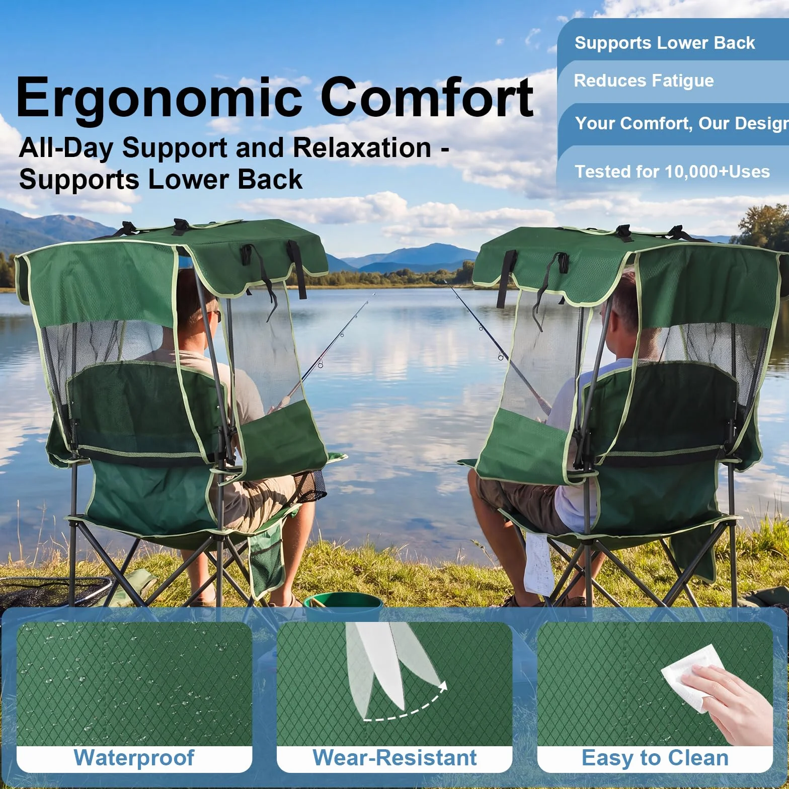 2 Pack Canopy Camping Chairs with Shade, Folding Beach Chair with Full Sun Protection, Portable Heavy Duty Outdoor Chair for Camping, Beach, Sports, Fishing, Lawn, Supports 400 lbs,Green