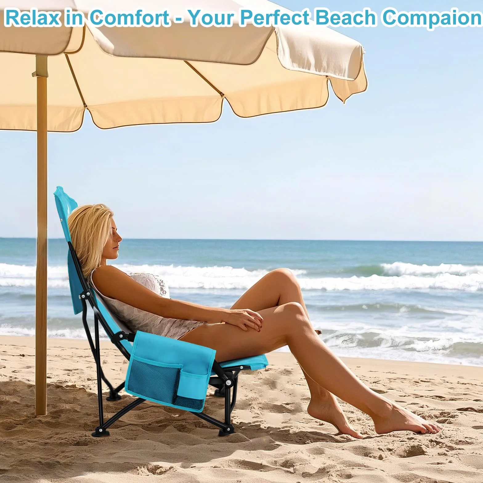 Folding Portable Beach Chair, High-Back Low-Seat Lightweight Chair for Beach Tents, Shelters, and Camping, Full Mesh Backrest | Cup Holder | Storage Bag | Carrying Bag | 2 Armrests