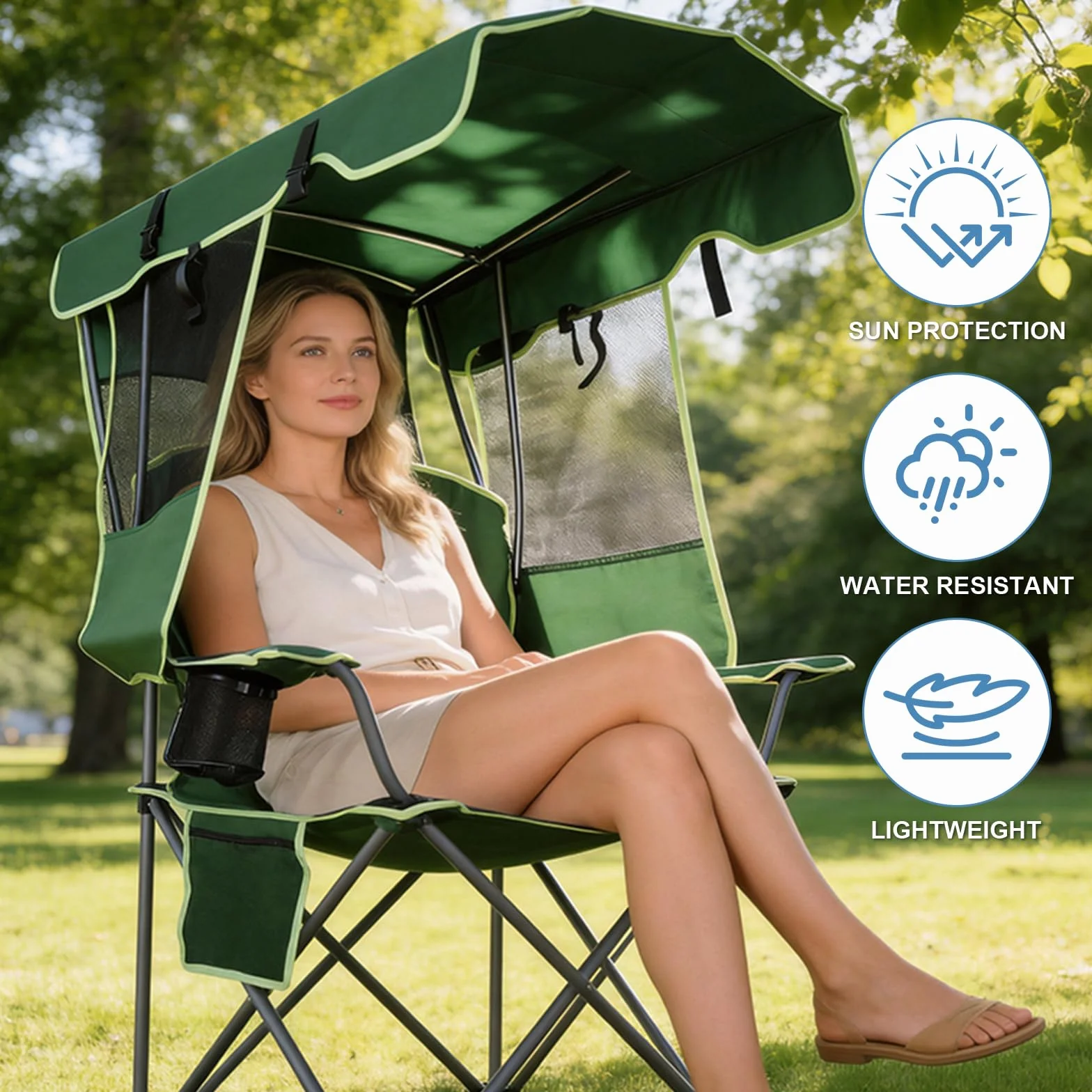 2 Pack Canopy Camping Chairs with Shade, Folding Beach Chair with Full Sun Protection, Portable Heavy Duty Outdoor Chair for Camping, Beach, Sports, Fishing, Lawn, Supports 400 lbs,Green