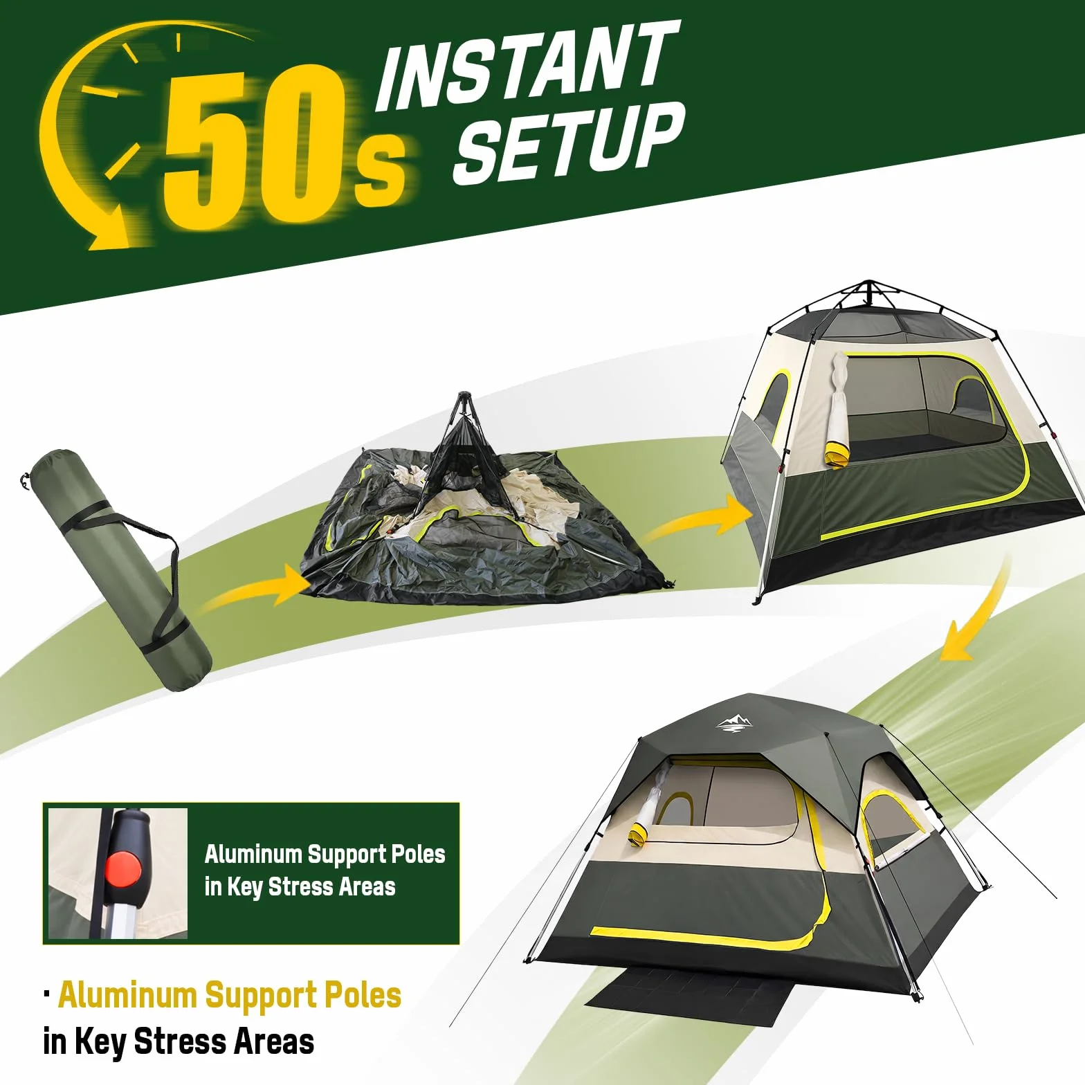 4 Person Instant Tents for Camping Setup in 50s, Cabin Tent with Rainfly | Waterproof Windproof Camping Tent, Double Layer Portable Instant Tents with Carry Bag for Family Outdoor Camping & Hiking