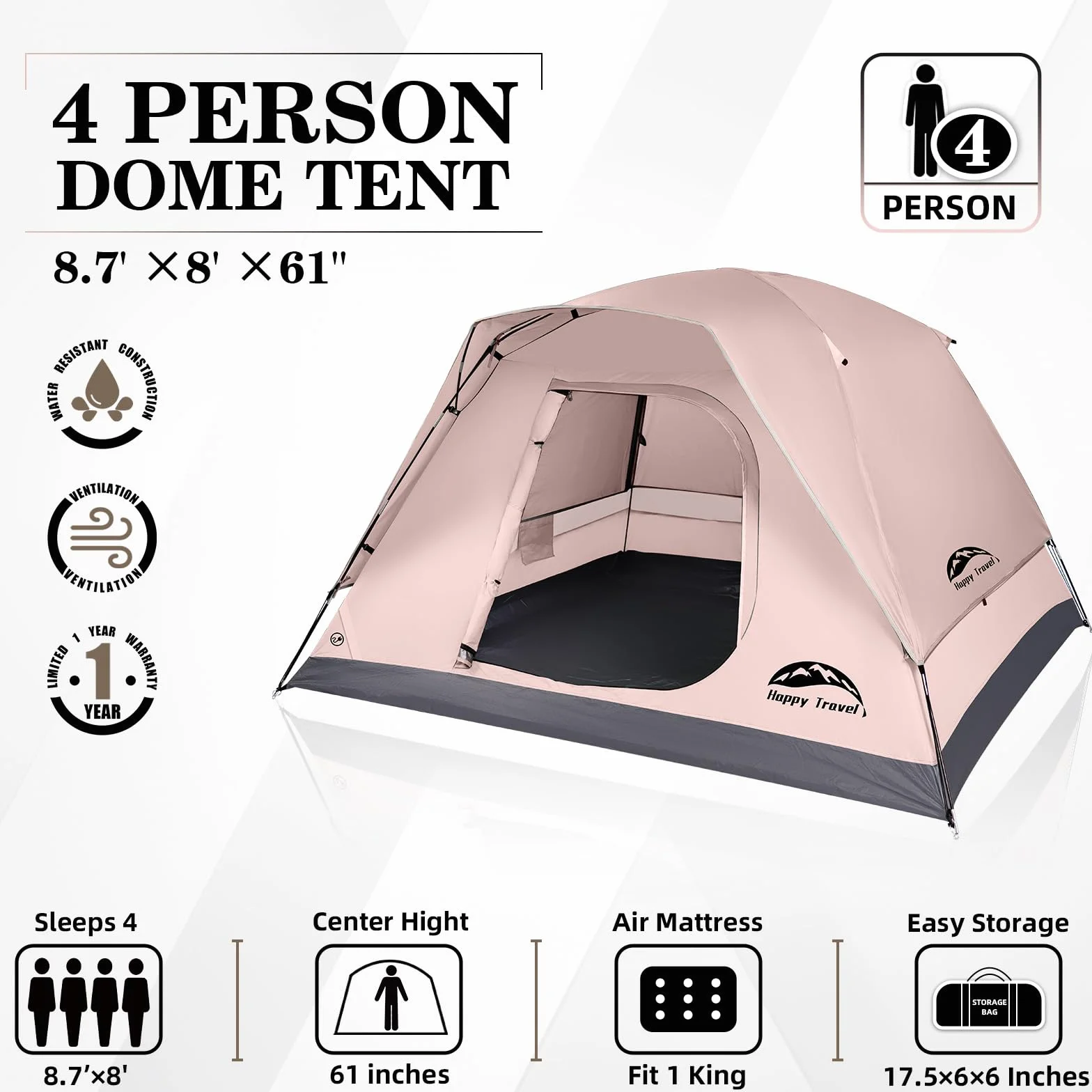 Camping Tent, 4 Person Dome Tents for Camping with Rainfly | Waterproof Clip Easy Setup Portable Family Tent with Mesh Windows, 20% More Headroom Backpacking Tents for Camping & Hiking