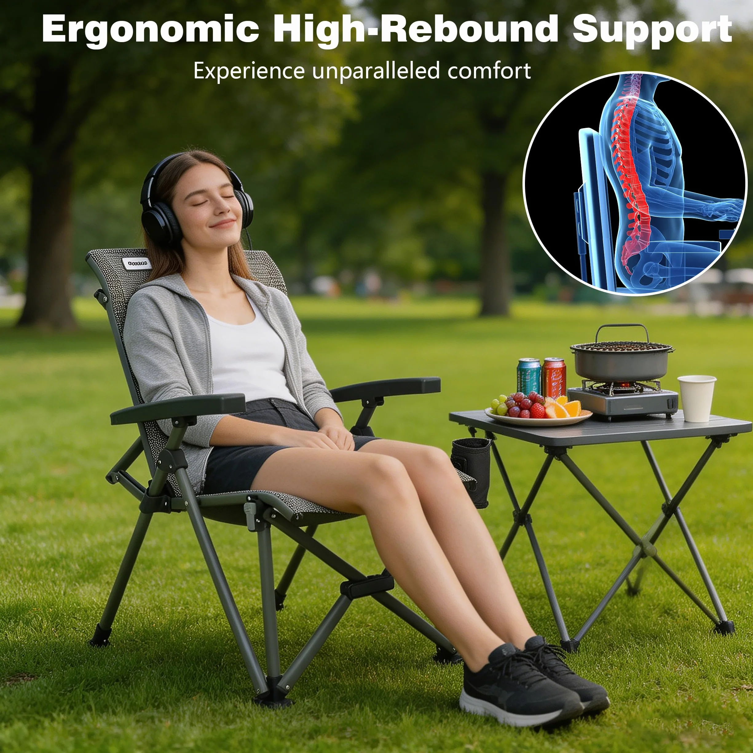 High Back Folding Camping Chair 500 lbs with Aluminum Frame, Grey | Ergonomic Back Support, High-Resilience Fabric & UV-Rated, Detachable Cup Holder and Carry Bag for Camping, Beach, RV, Patio