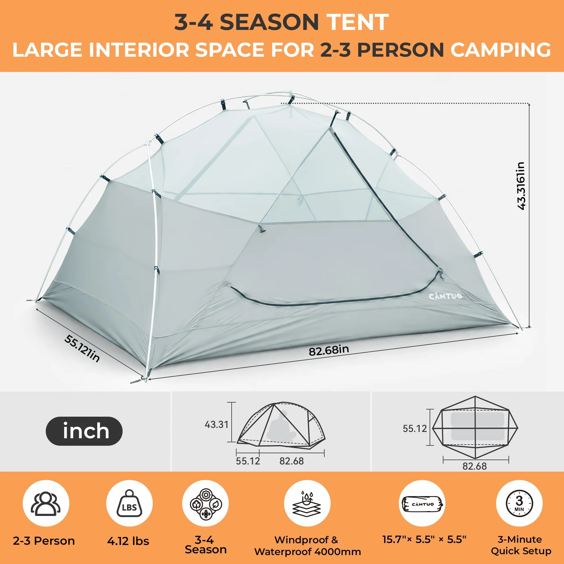 2/3 Person Tent Backpacking Tent with Footprint Ultralight 20D Nylon 4000mm Waterproof & Windproof Two Person Tent