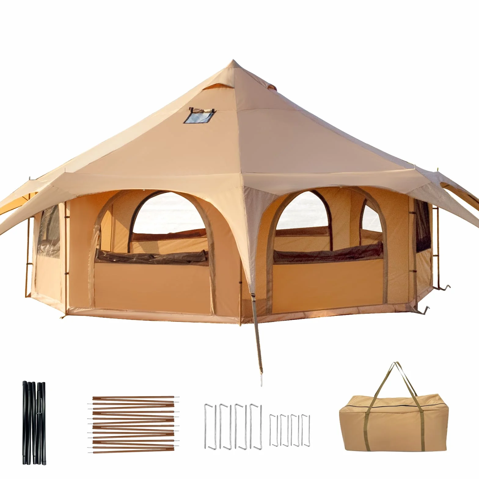 Bell Tent with Stove Jack, 6-10 Person 4 Season Glamping Tent | Spacious for up to 10 people, 8 doors & windows provide 360° airflow, stove jack for cold weather, sturdy windproof frame