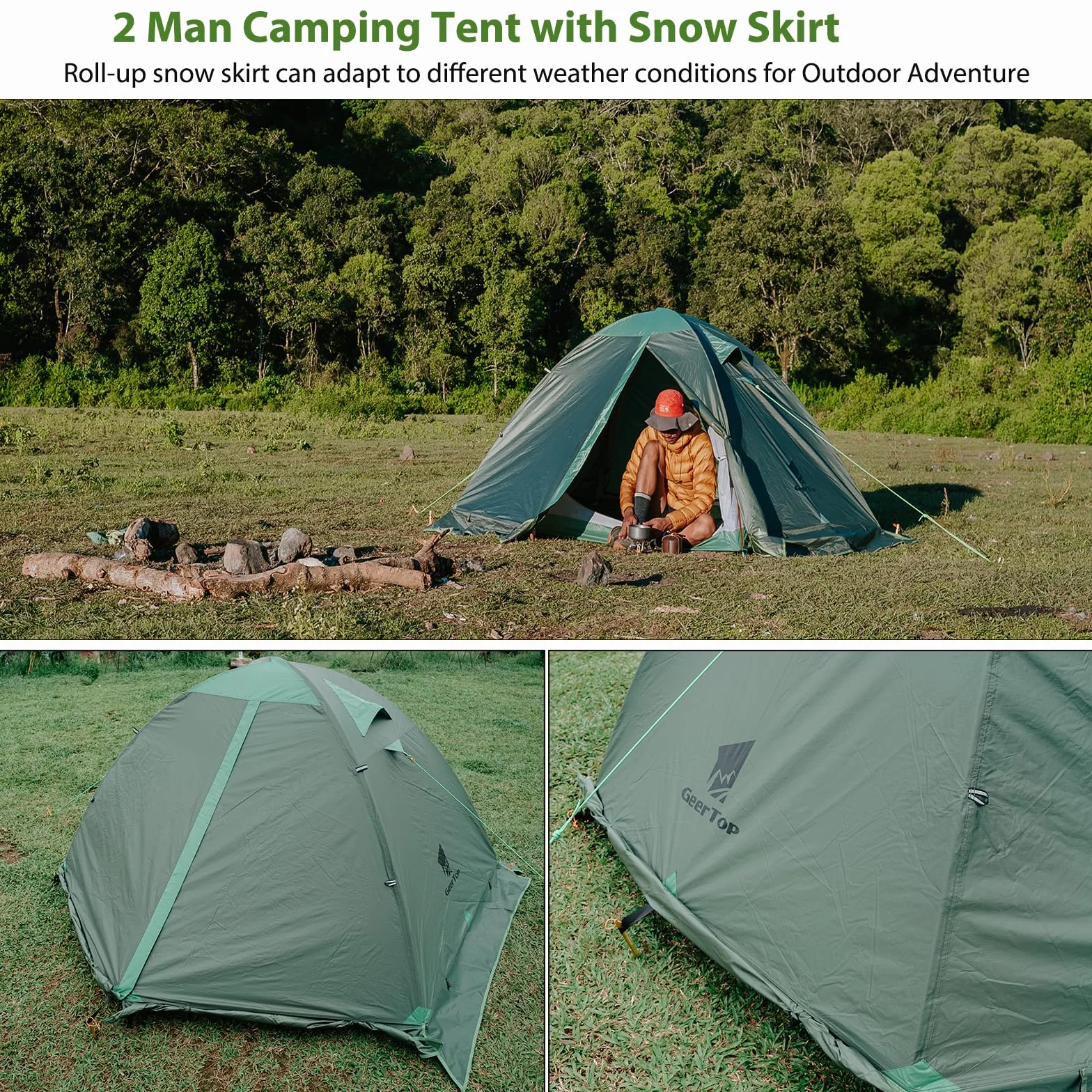 2 Person Backpacking Tent, Lightweight Waterproof 4-Season Tent | Freestanding, Fast Pitch, Aluminum Frame, Double-Wall, Snow Skirt, Dual Vestibules