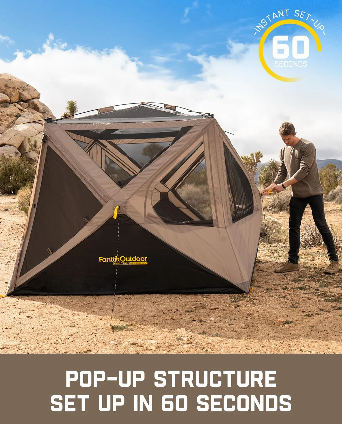 Alpha C4 Ultra Camping Tent 4 Person Pop Up Instant Cabin Setup in 60 Seconds Portable Hub Tent with Rainfly & Windproof for Outdoor Camping & Overlanding