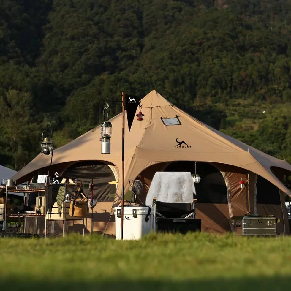 Canvas Tent Bell Tent 16.4ft*9.2ft with Stove Jack for Glamping Family Camping Zipped Removable Floor