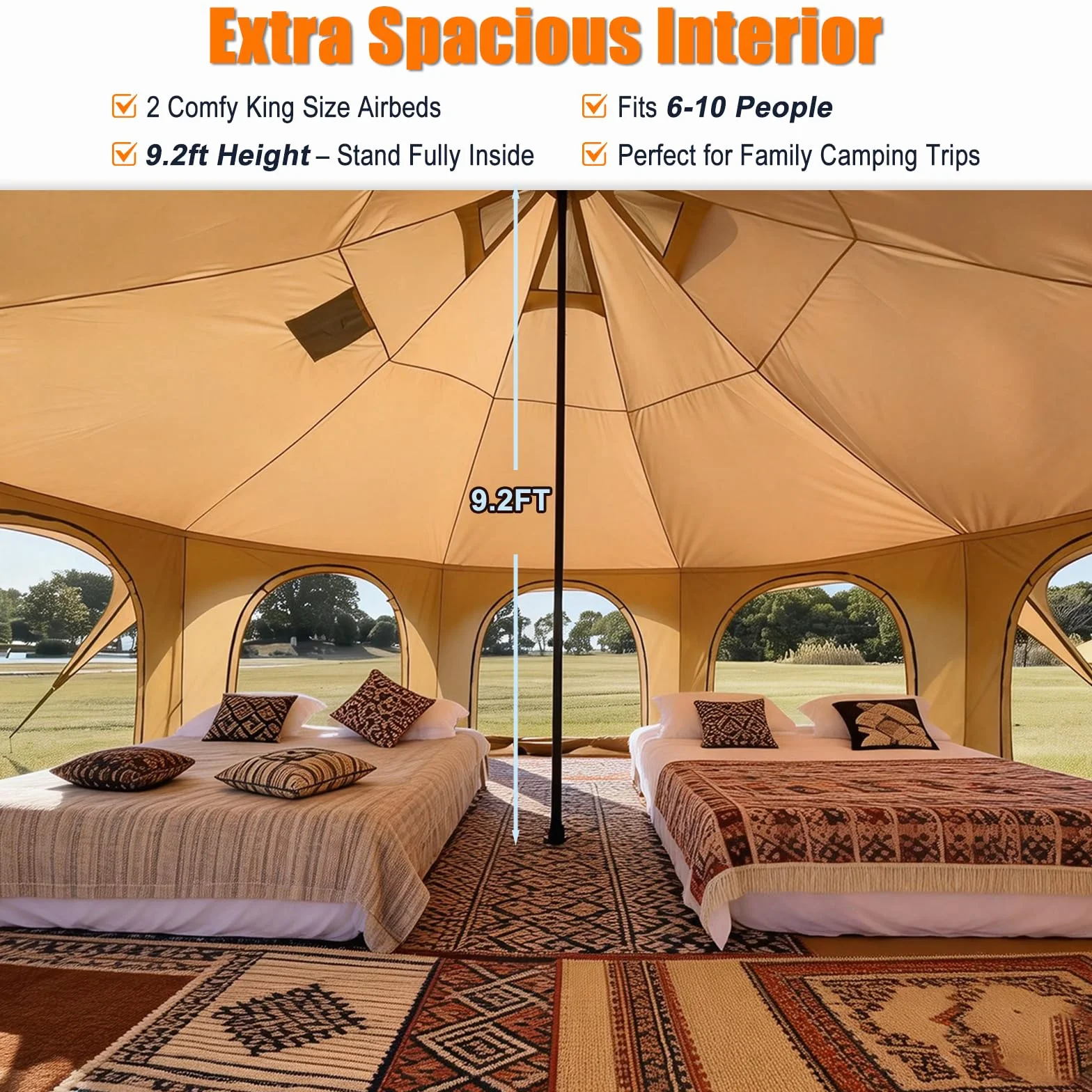 Bell Tent with Stove Jack, 6-10 Person 4 Season Glamping Tent | Spacious for up to 10 people, 8 doors & windows provide 360° airflow, stove jack for cold weather, sturdy windproof frame