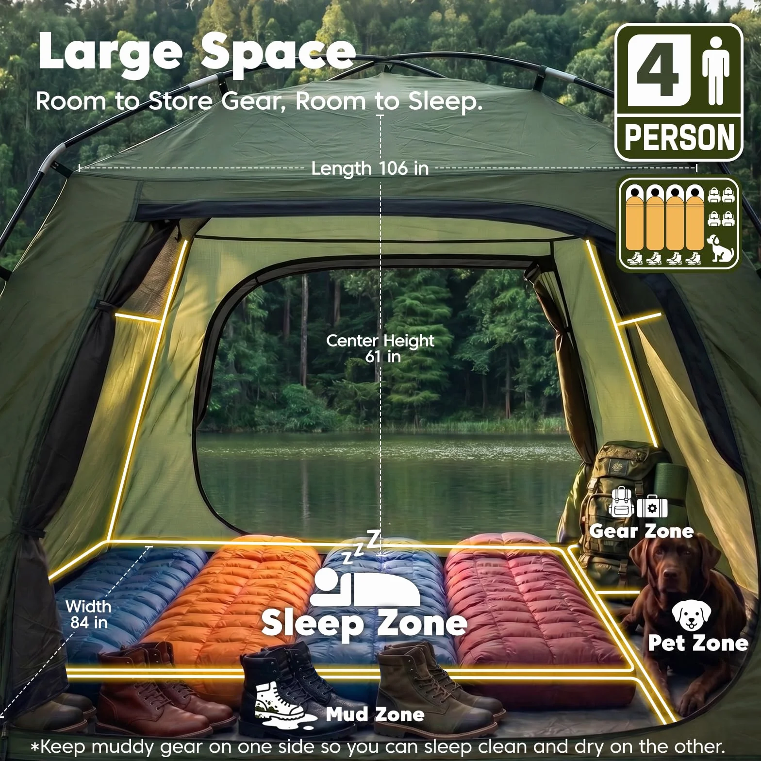 Tent 4 Person Tents for Camping with 2 Doors & Rainfly | Portable Waterproof & Windproof Tents, Large Mesh Ventilation, Easy Setup Family Tent for Camping, Hiking and Backpacking