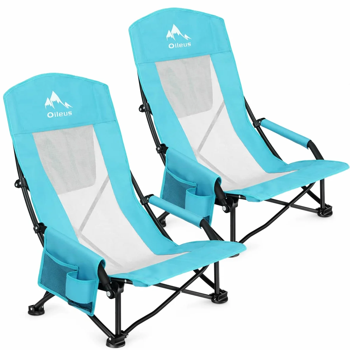 Folding Portable Beach Chair, High-Back Low-Seat Lightweight Chair for Beach Tents, Shelters, and Camping, Full Mesh Backrest | Cup Holder | Storage Bag | Carrying Bag | 2 Armrests