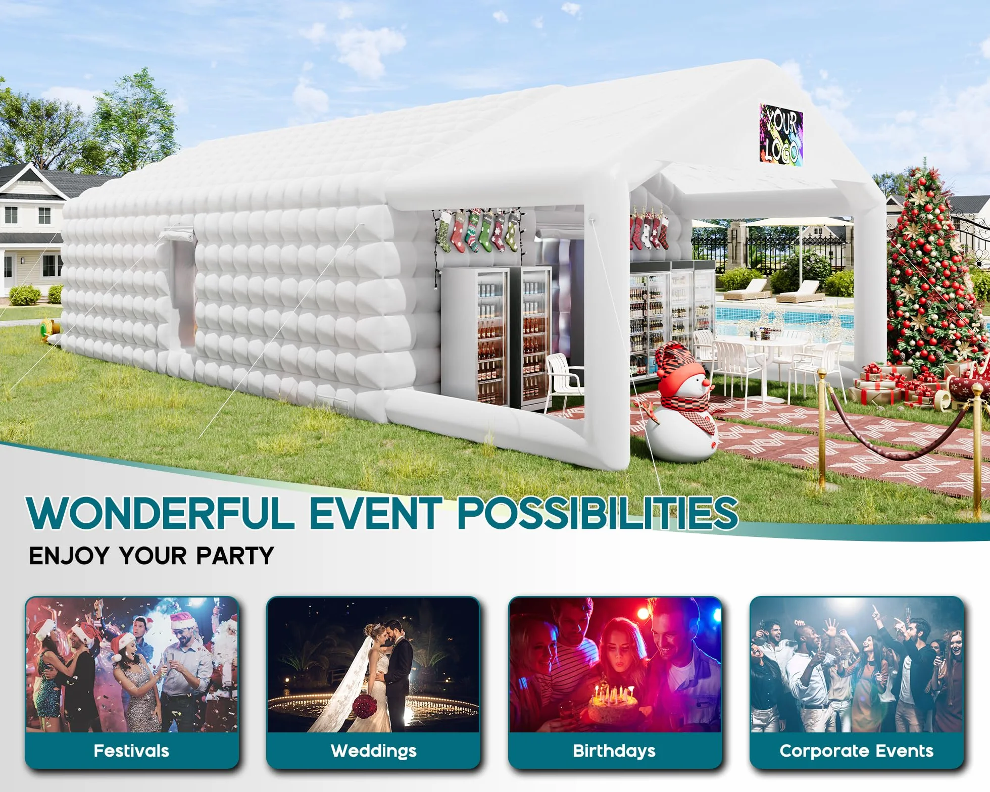 39x20x14 FT Large Inflatable Nightclub Tent for Adults with Pavilion Rest Area, Black Inflatable Night Club Gazebo with 2 Side Doors & Logo Area for Wedding, Birthday, Backyard Events, White