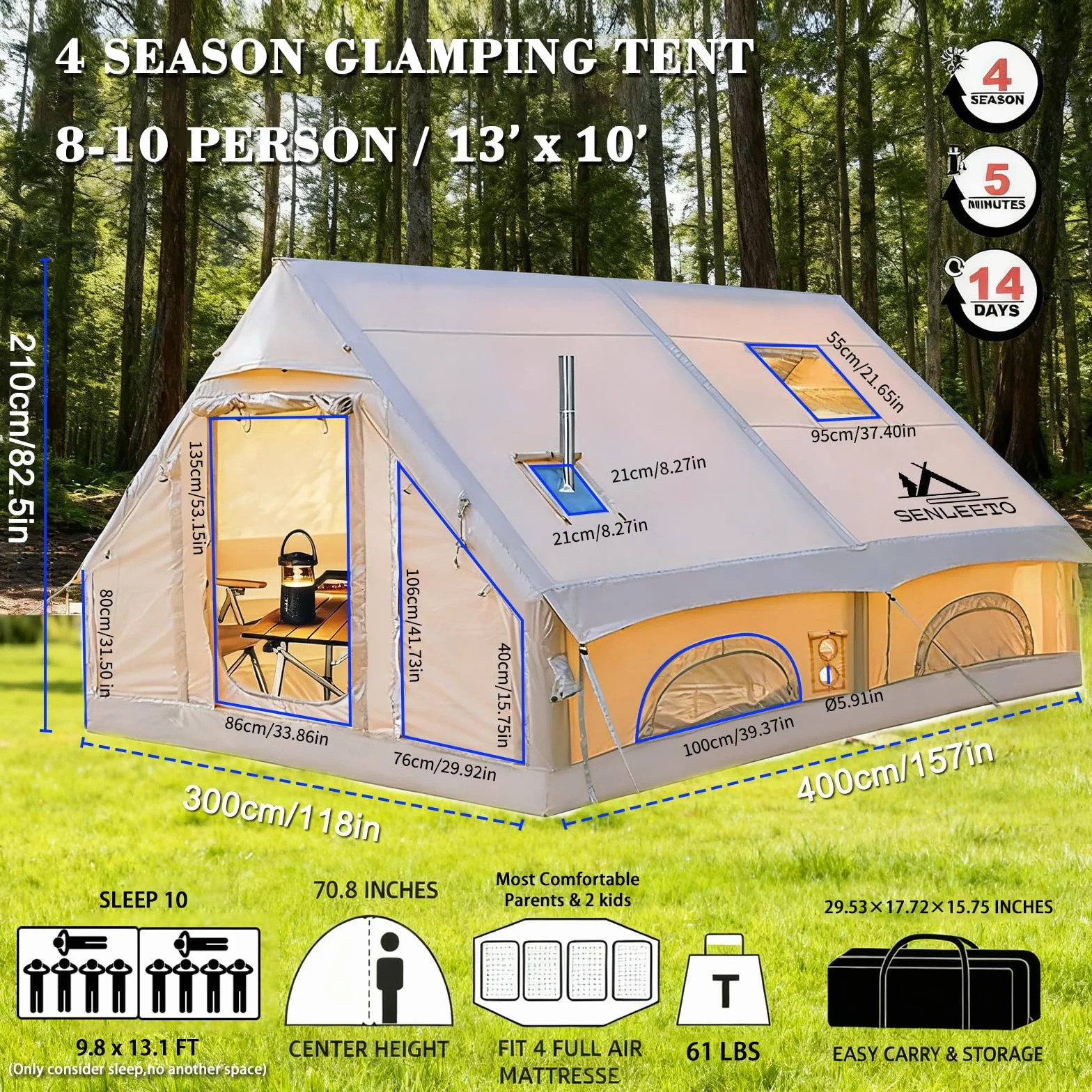 13' x 10' Large Inflatable Tent for Camping 8-10 Person, 4 Season Blow Up Tents with Rainfly, Waterproof & Sunproof, Inflatable Hot Tent with Stove Jack for Camping Outdoors