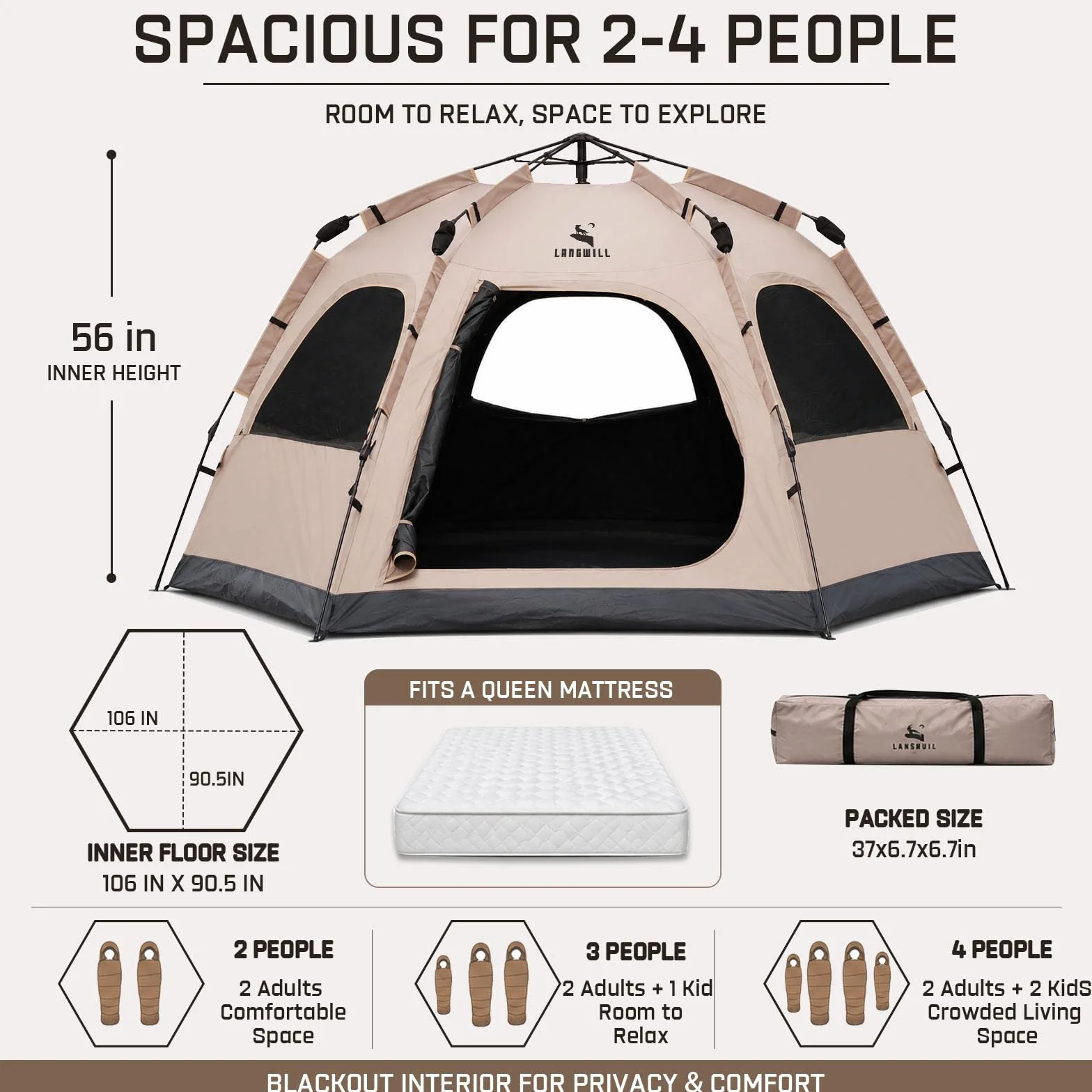 2/4 Person Blackout Easy Setup Instant Pop Up Tents for Camping | 45s Quick Setup Automatic Camping Tent, 3000mm Water-Resistant & UV Protection, Light-Blocking Dome Tent with Rainfly