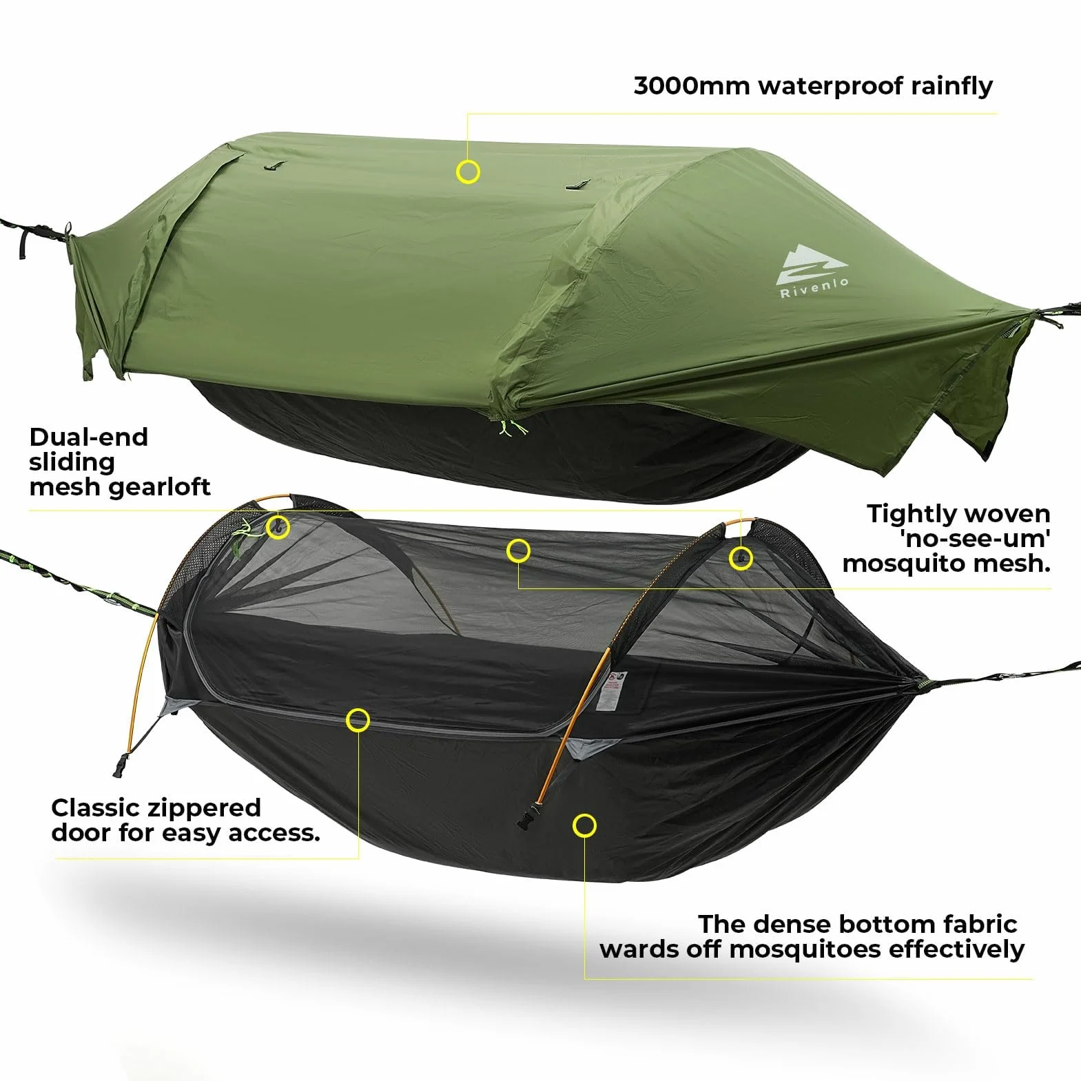 Camping Hammock Tent with Mosquito Net & RainFly, 3 in 1 Waterproof Portable Sleeping Hammock Bug Backpacker Lightweight Outdoor Gear Swing for Hiking Travel Patio Expedition(Dark Green)