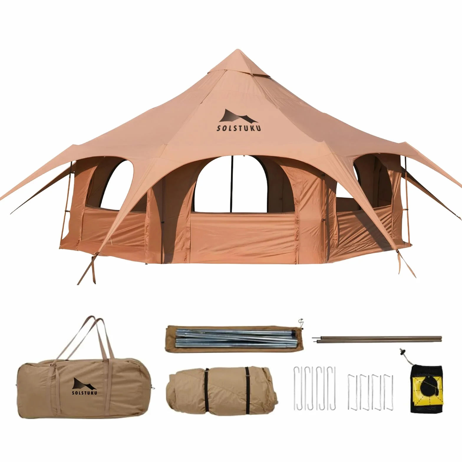 4 Season Canvas Bell Tent, 270 sq ft, 9.8 ft Peak Height, 10 Person, Free Standing, Zipper Closure, Compact Style, Camping & Hiking, Family Camping, Cold-Weather, Outdoor Activities