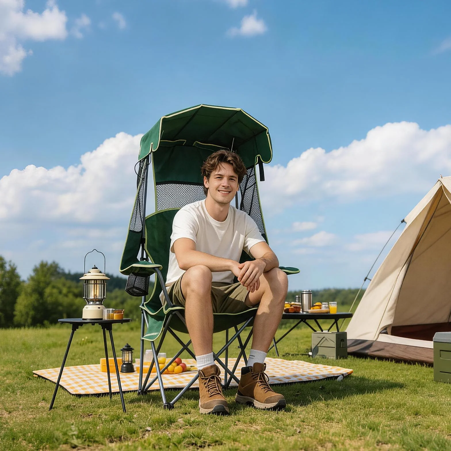 2 Pack Canopy Camping Chairs with Shade, Folding Beach Chair with Full Sun Protection, Portable Heavy Duty Outdoor Chair for Camping, Beach, Sports, Fishing, Lawn, Supports 400 lbs,Green