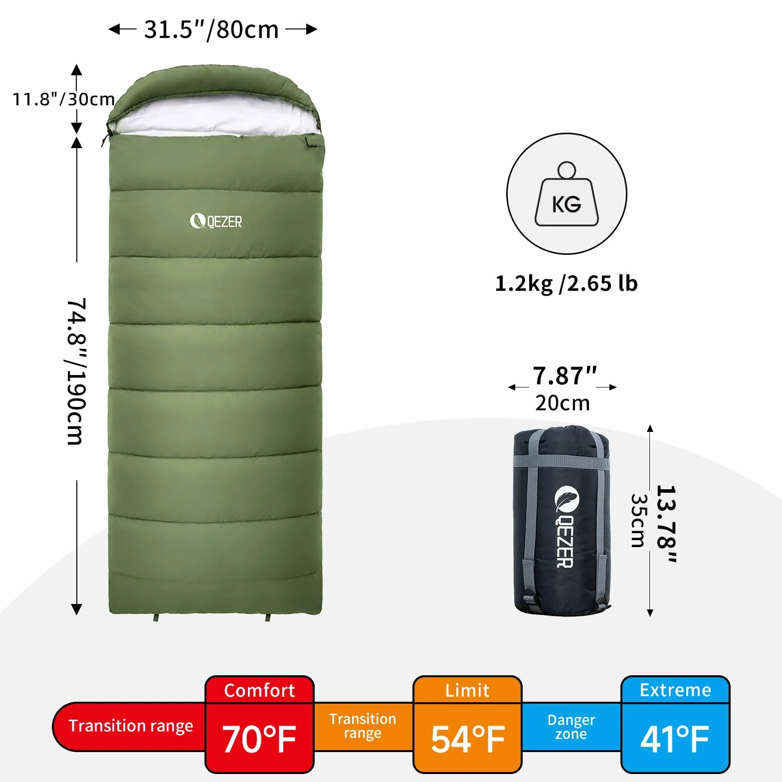 Sleeping Bag for Adults, Lightweight Sleeping Bag for Camping | 41°F-70°F, Hollow Fiber Fill, Full-Length Zipper, Compression Sack, Camping Travel Backpacking, Machine Washable