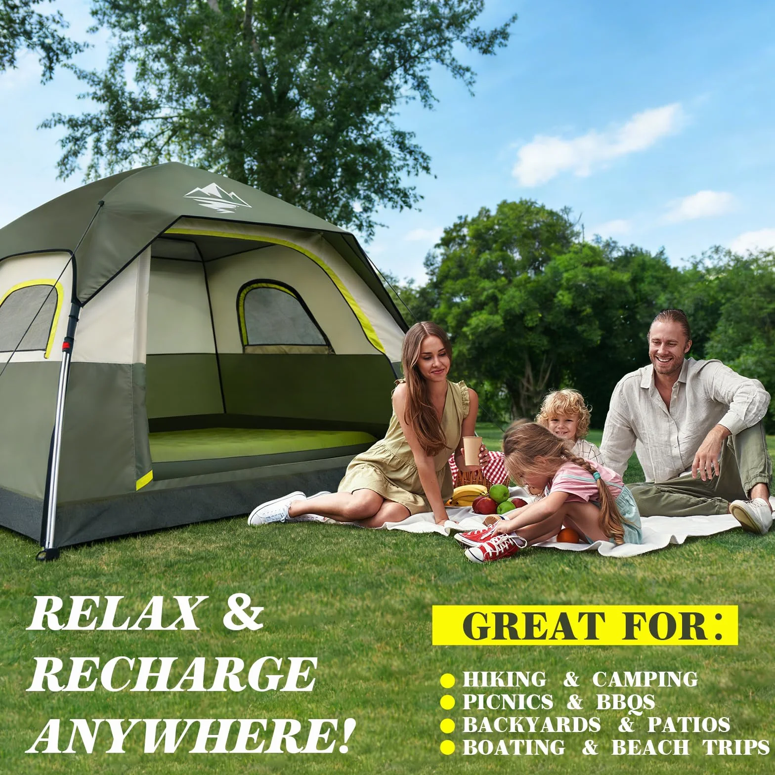 Camping Tent 2/3/4 Person Instant Pop Up Tents for Camping | 40s Easy Setup Tent with Rainfly, Double-Layer Waterproof & Windproof Instant Tents with Welcome Mat for Camping & Hiking