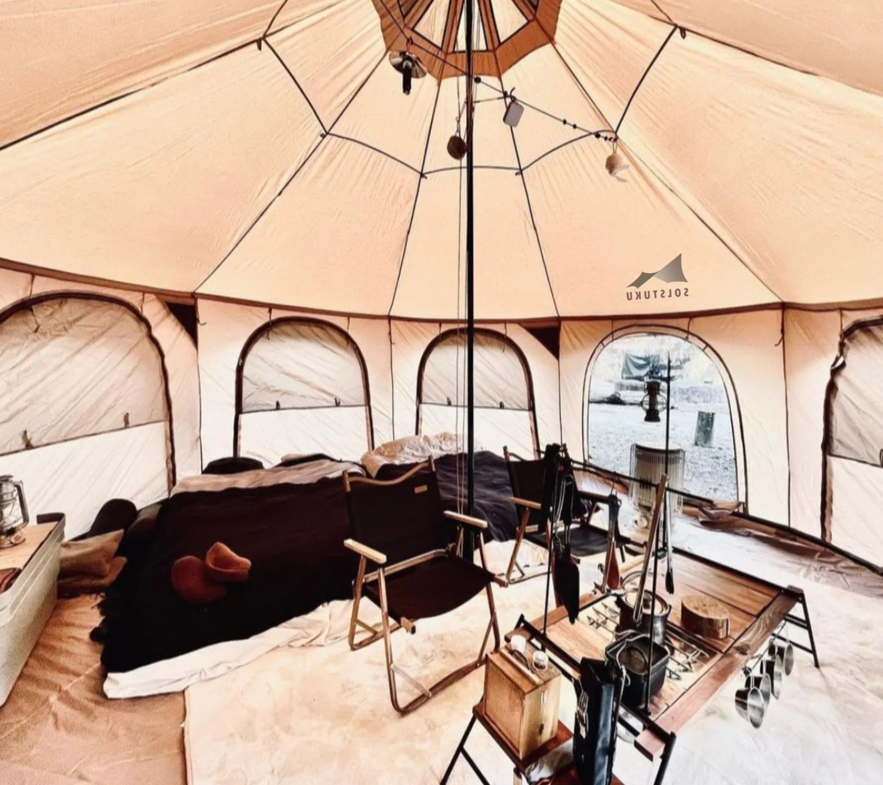 4 Season Canvas Bell Tent, 270 sq ft, 9.8 ft Peak Height, 10 Person, Free Standing, Zipper Closure, Compact Style, Camping & Hiking, Family Camping, Cold-Weather, Outdoor Activities